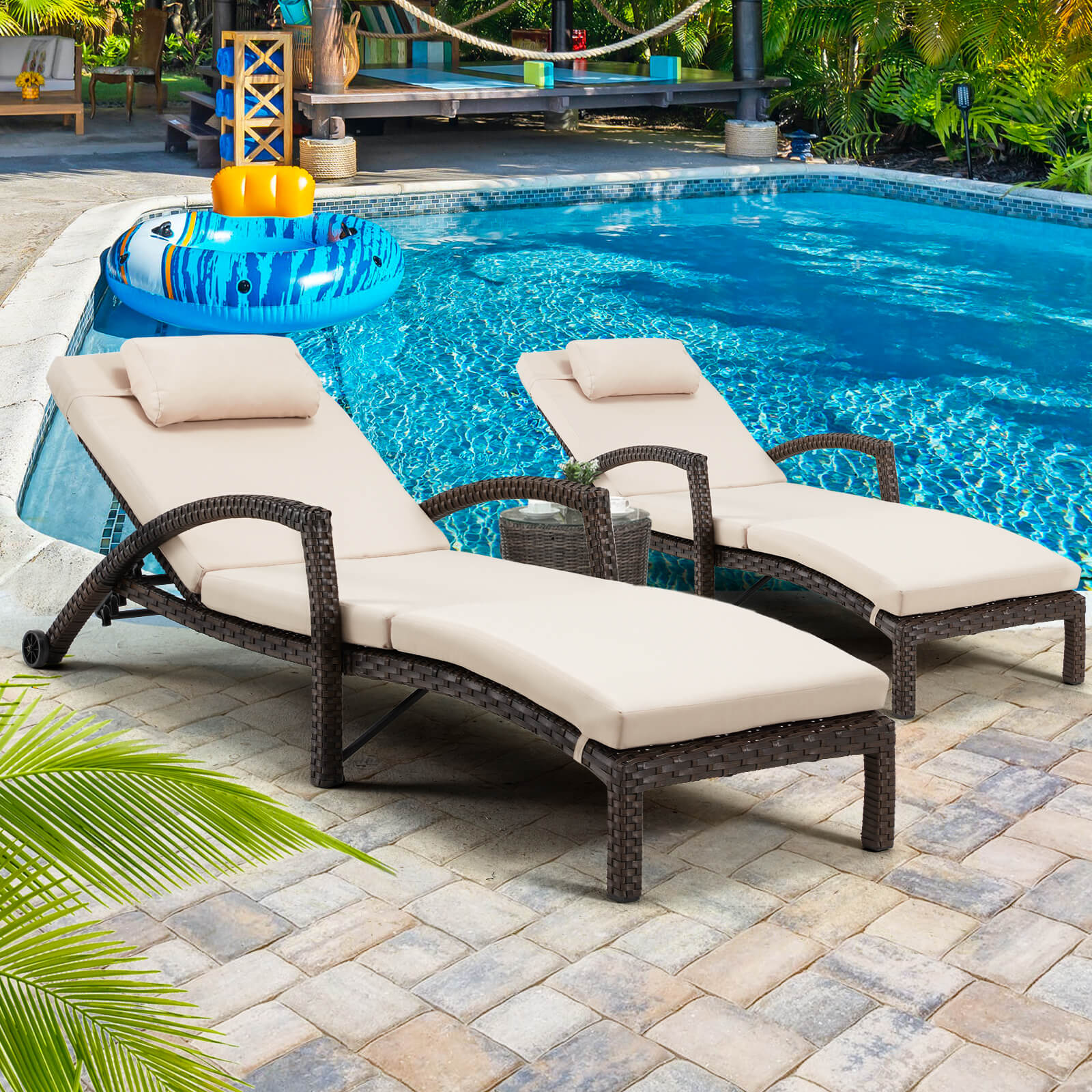 HOMREST Chaise Lounge Chairs Set of 6 for Outside, PE Rattan Wicker Patio Pool Lounge Chair with Arm, Cushion for Poolside Beach (Khaki)