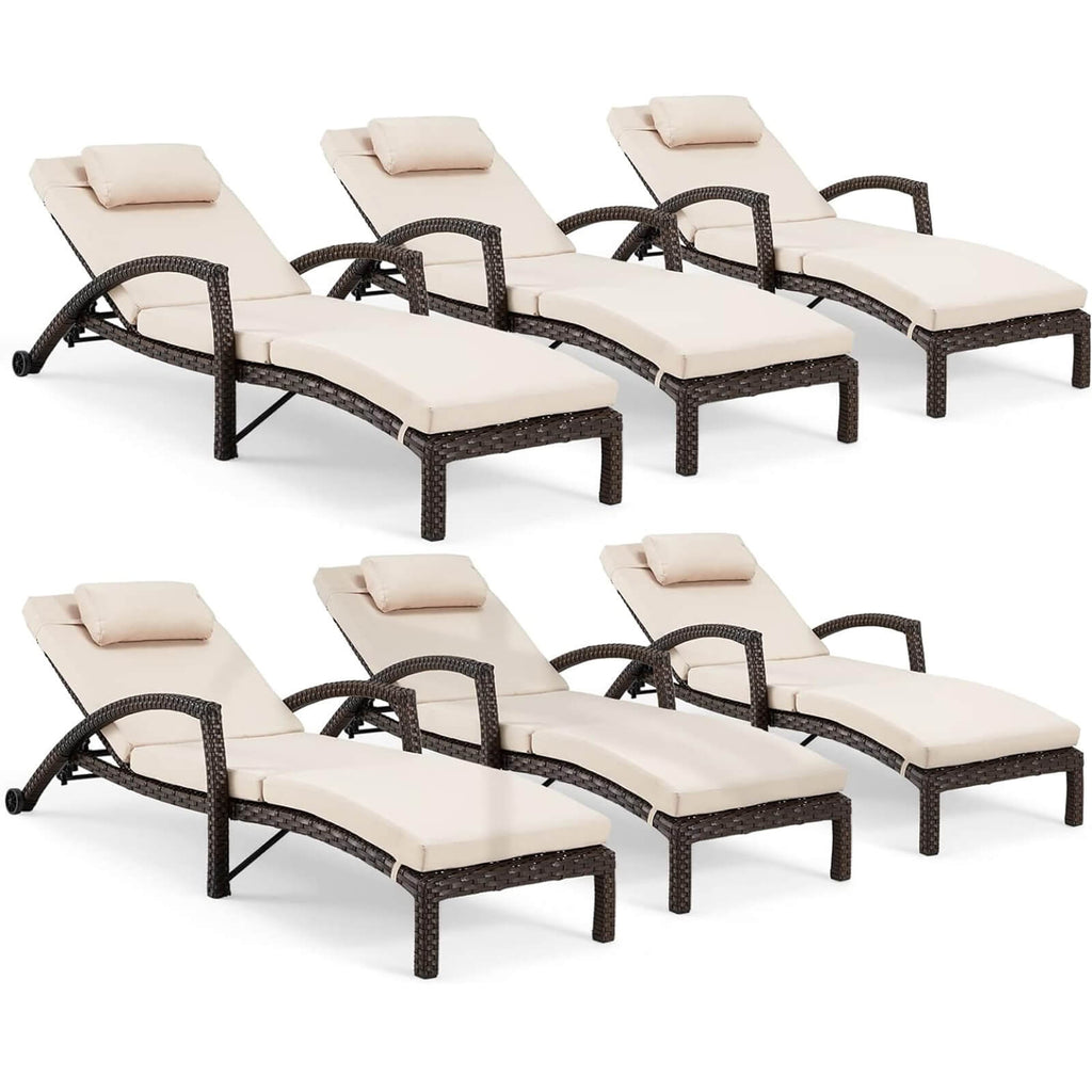 HOMREST Chaise Lounge Chairs Set of 6 for Outside, PE Rattan Wicker Patio Pool Lounge Chair with Arm, Cushion for Poolside Beach (Khaki)