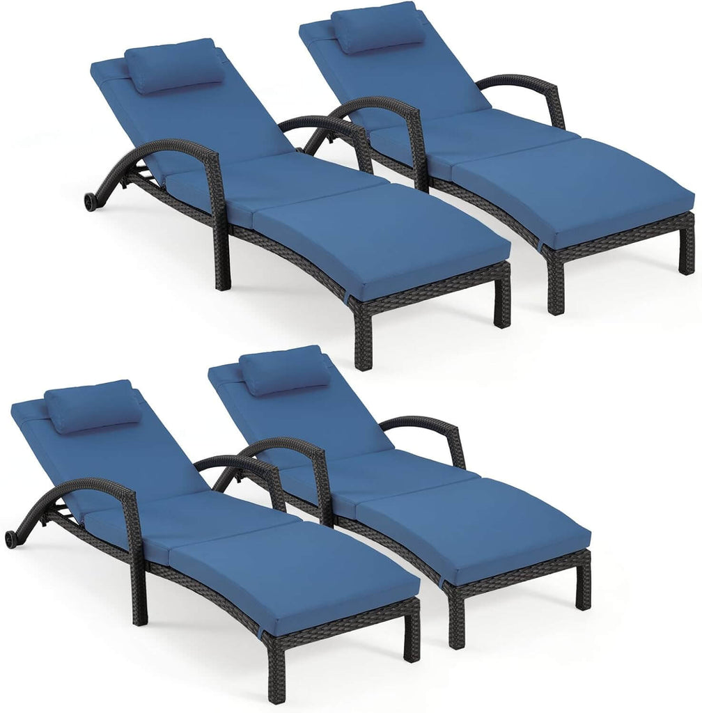 Chaise Lounge Chairs for Outside, PE Rattan Wicker Patio Pool Lounge Chair with Arm, Cushion for Poolside Beach (4 Pcs Dark Blue)