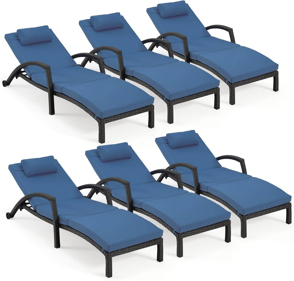 Chaise Lounge Chairs for Outside, PE Rattan Wicker Patio Pool Lounge Chair with Arm, Cushion for Poolside Beach (6 Pcs Dark Blue)