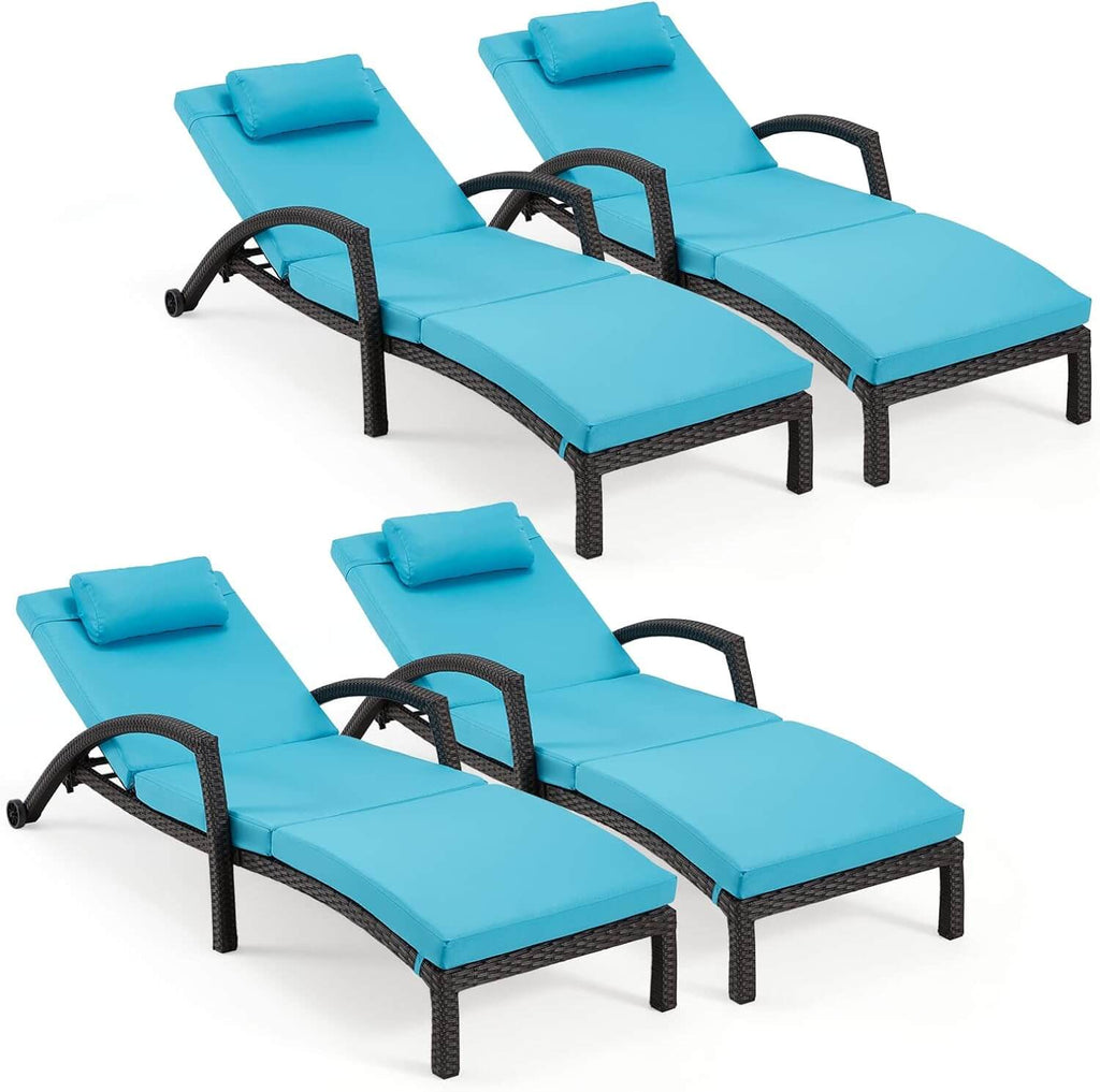 HOMREST Chaise Lounge Chairs Set of 4 for Outside, PE Rattan Wicker Patio Pool Lounge Chair with Arm, Cushion for Poolside Beach