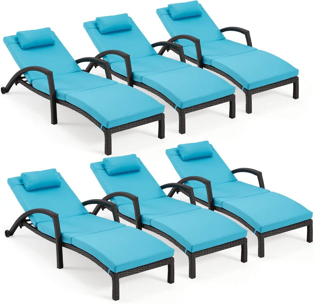 HOMREST Chaise Lounge Chairs Set of 6 for Outside, PE Rattan Wicker Patio Pool Lounge Chair with Arm, Cushion for Poolside Beach
