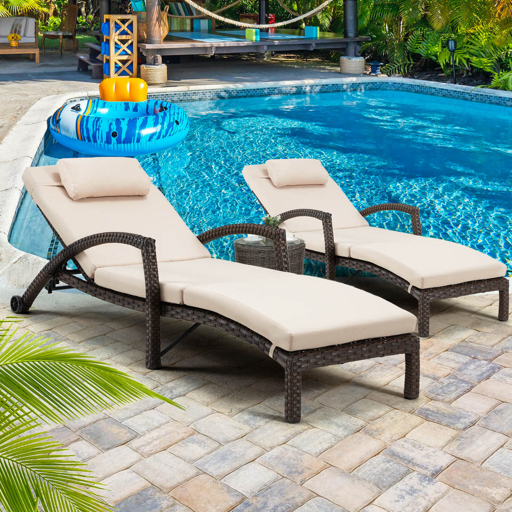 HOMREST Chaise Outdoor Lounge Chair Set of 2, PE Rattan Wicker Patio Pool Lounge Chair with Arm, Cushion for Poolside Beach (Khaki)