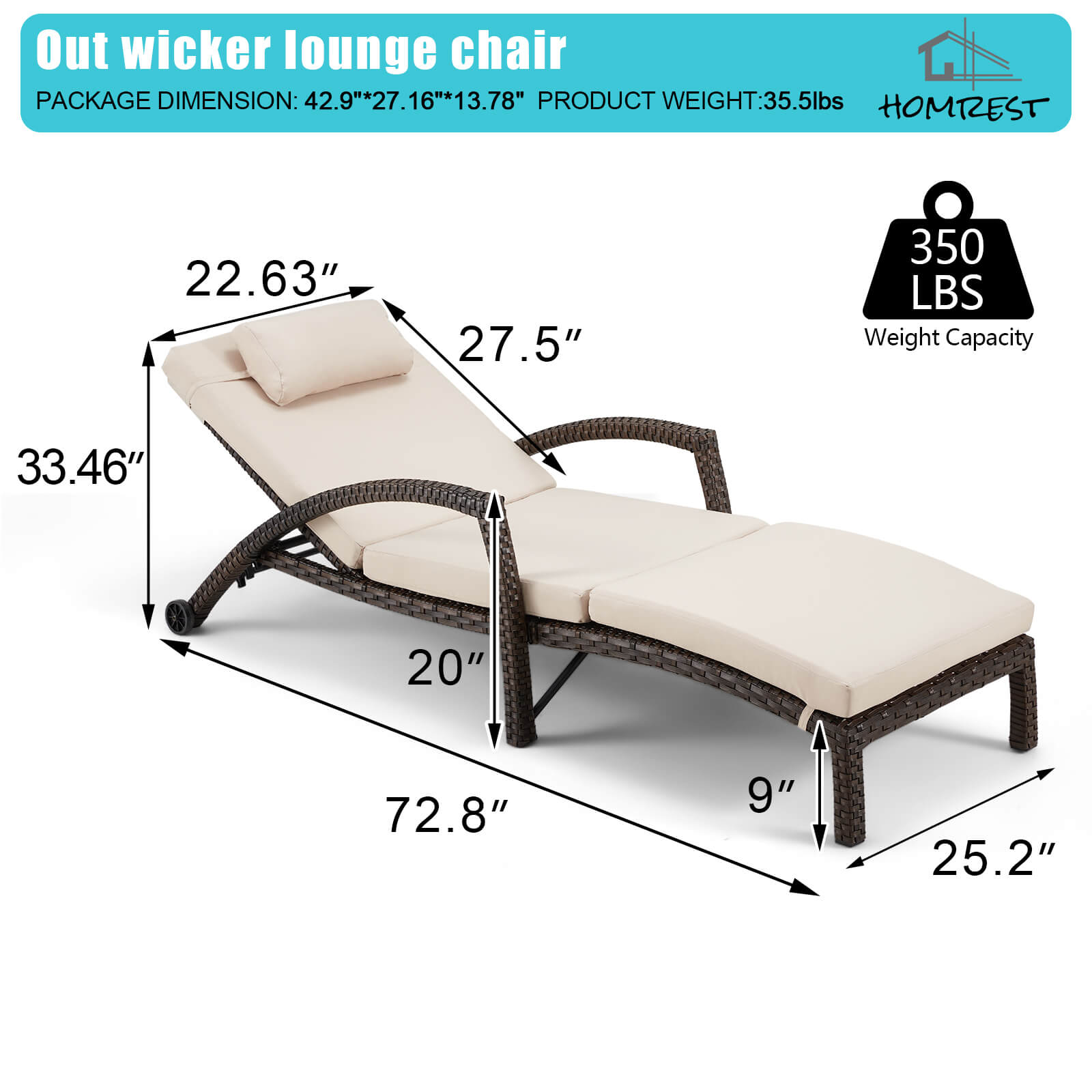 HOMREST Patio Lounge Chair Outdoor Set of 2, Wicker Tanning Chairs with Wheels, Headpillow, Ergonomic Arms & Cushion for Poolside Beach (Khaki)