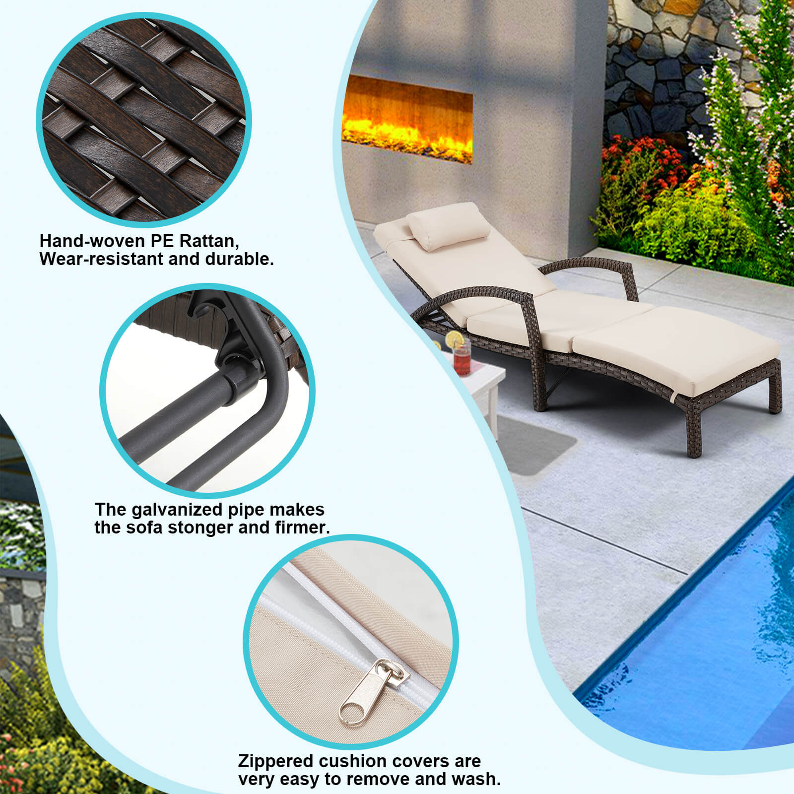 HOMREST Patio Lounge Chair Outdoor Set of 2, Wicker Tanning Chairs with Wheels, Headpillow, Ergonomic Arms & Cushion for Poolside Beach (Khaki)