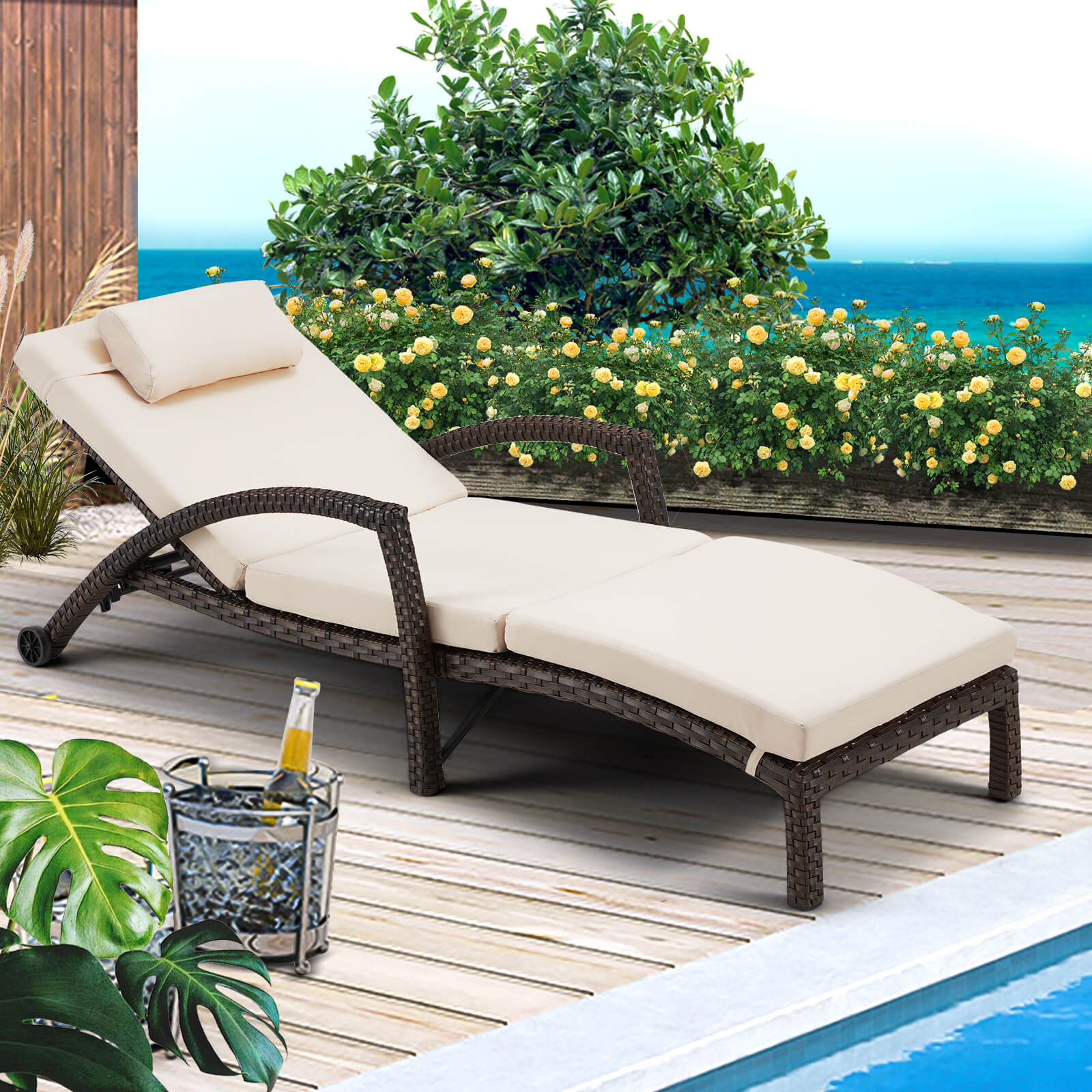 HOMREST Chaise Lounge Chairs Set of 4 for Outside, PE Rattan Wicker Patio Pool Lounge Chair with Arm, Cushion for Poolside Beach (Khaki)