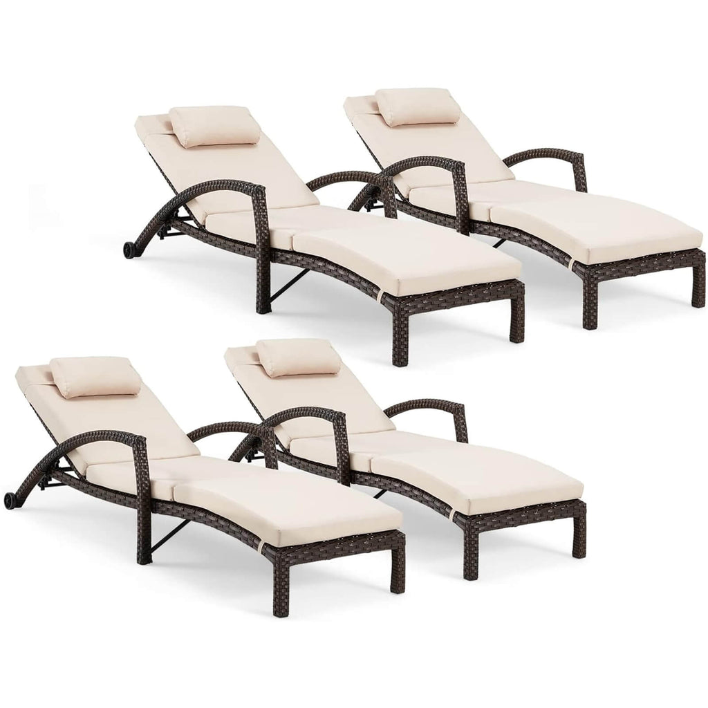 HOMREST Chaise Lounge Chairs Set of 4 for Outside, PE Rattan Wicker Patio Pool Lounge Chair with Arm, Cushion for Poolside Beach (Khaki)