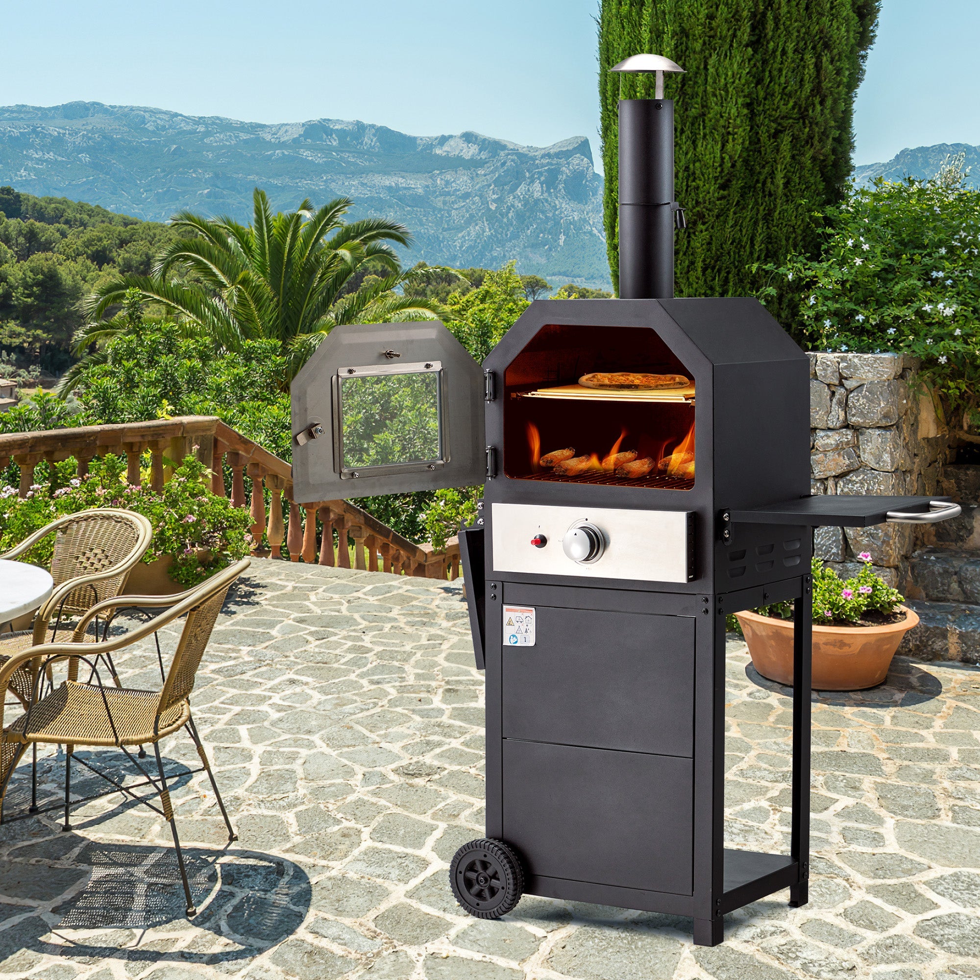HOMREST Freestanding Outdoor 12" Gas Pizza Oven, CSA Approved Portable Propane Pizza Oven with 2 Foldable Shelves, Wheels and Cover