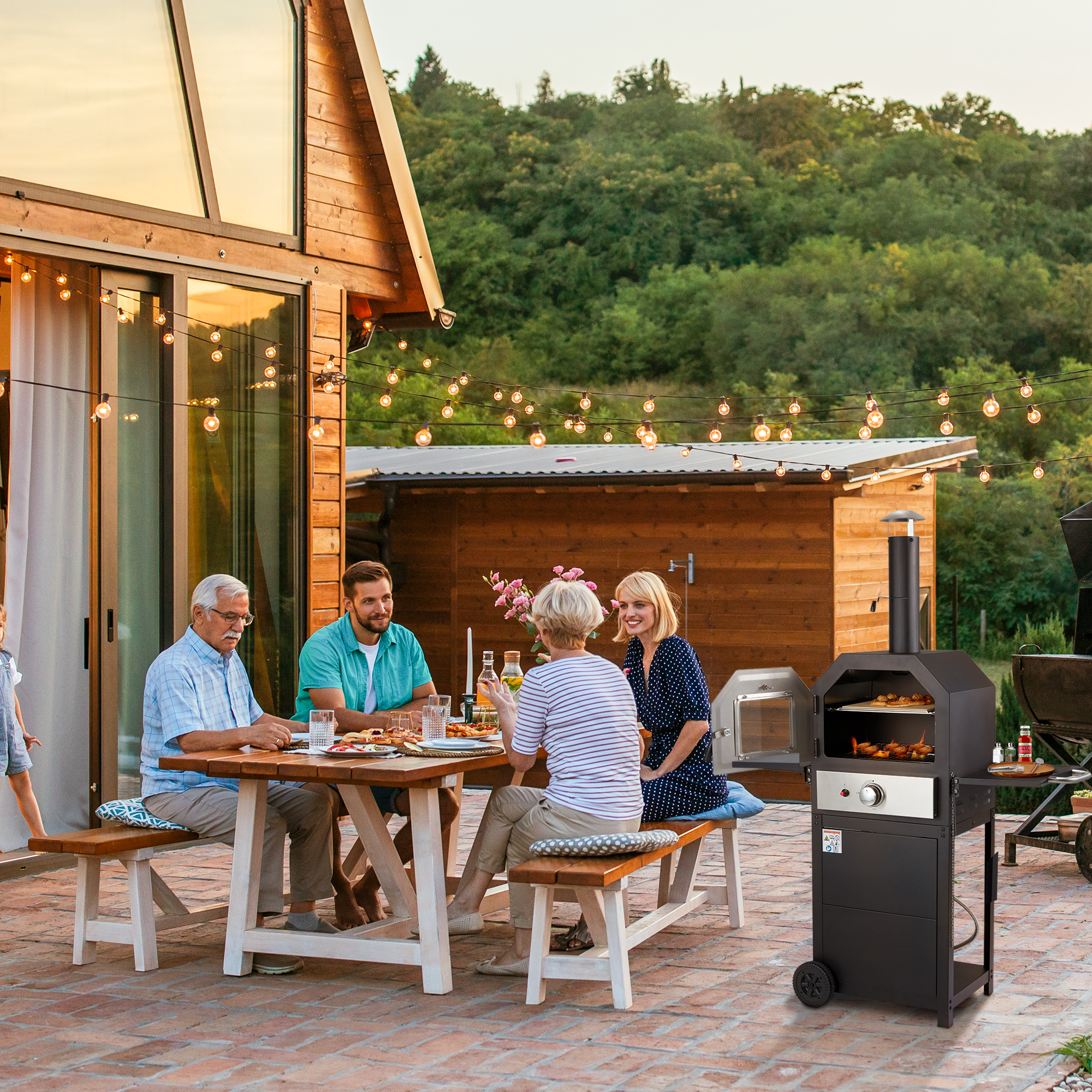 HOMREST Freestanding Outdoor 12" Gas Pizza Oven, CSA Approved Portable Propane Pizza Oven with 2 Foldable Shelves, Wheels and Cover