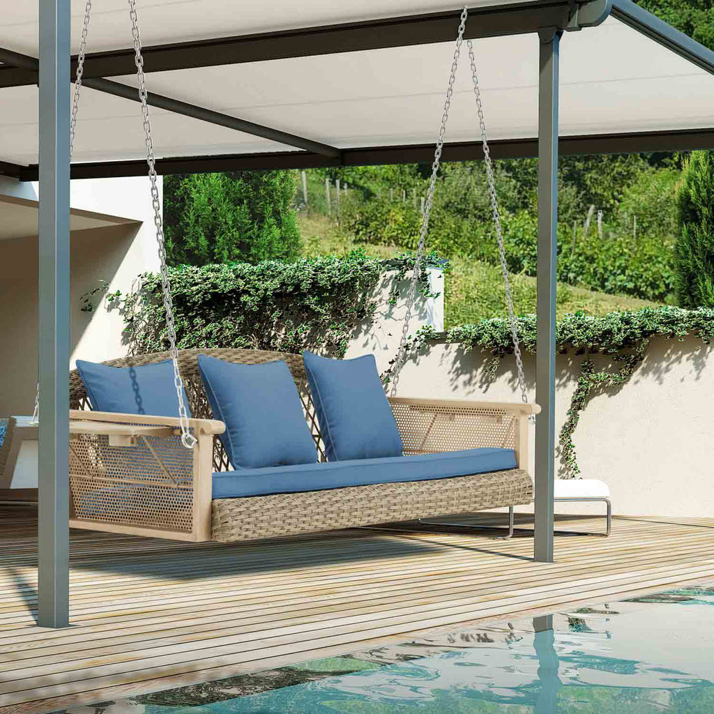 3-Seater Outdoor Wicker Porch Swing with Cup Holders, Blue | Homrest Furniture