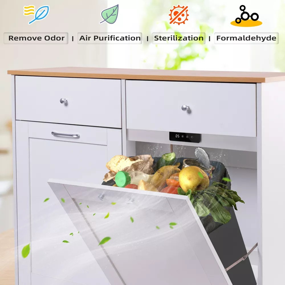 Homrest Double Tilt Trash Cabinet with 2 Drawers, Trash Cabinet with Storage on Wheels,white