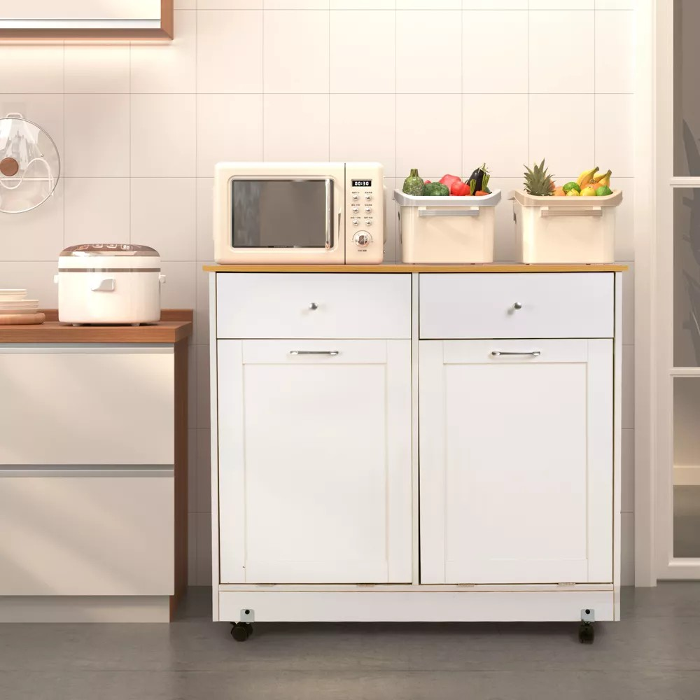 Homrest Double Tilt Trash Cabinet with 2 Drawers, Trash Cabinet with Storage on Wheels,white