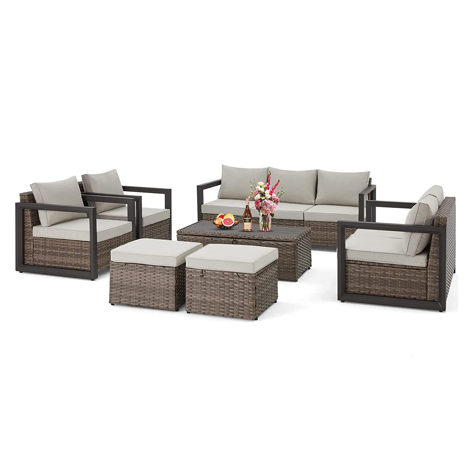 Homrest patio conversation set with ottoman and coffee table for porch, garden and poolside, beige