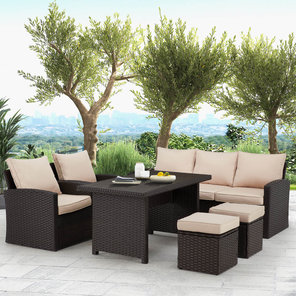 6 Pieces Outdoor Dining Set, All-Weather Patio Table and Chair Set with Ottoman, Khaki