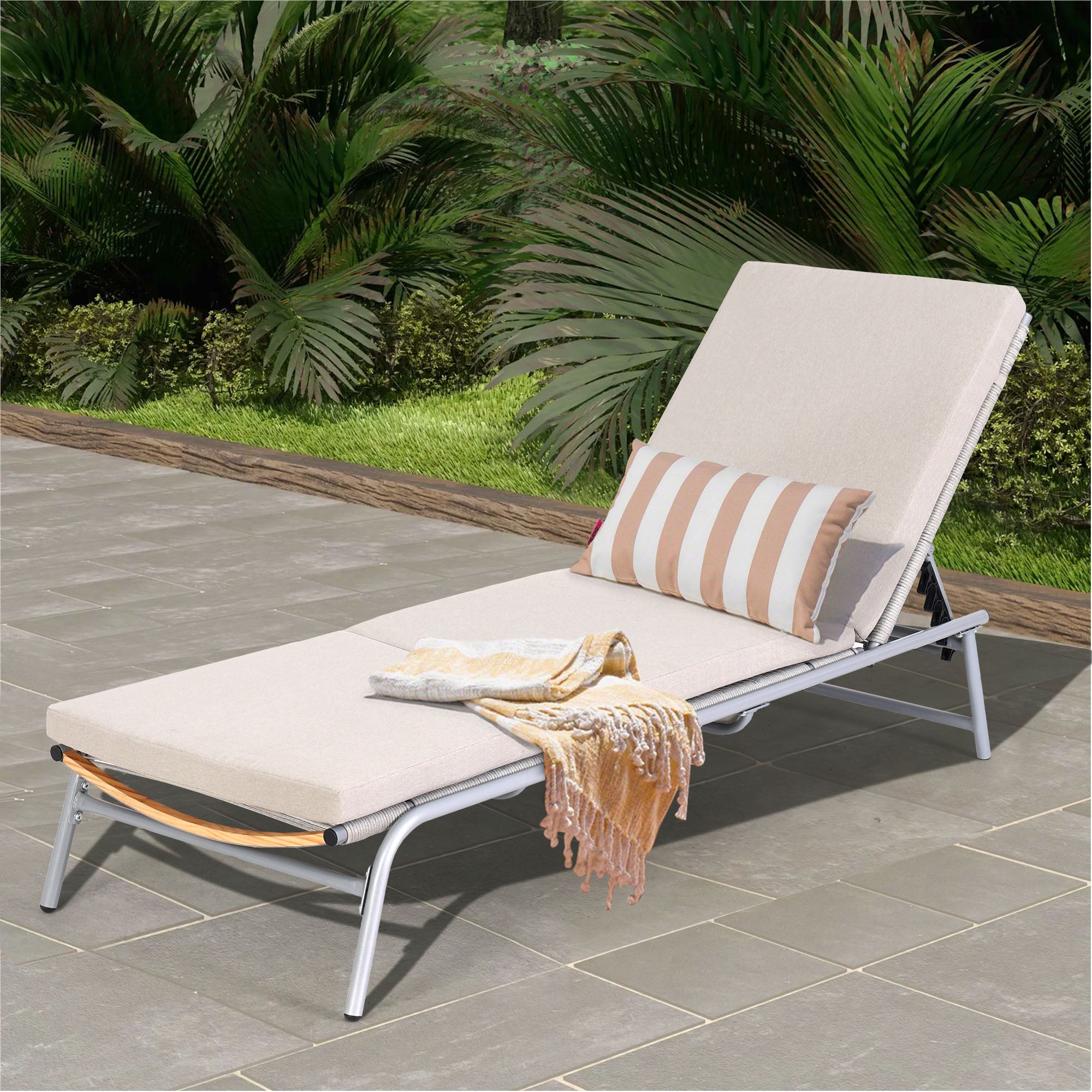 Outdoor Lounge Chair, Aluminum Chaise Lounge Chair with 5 Gears Adjustment Backrest, Beige