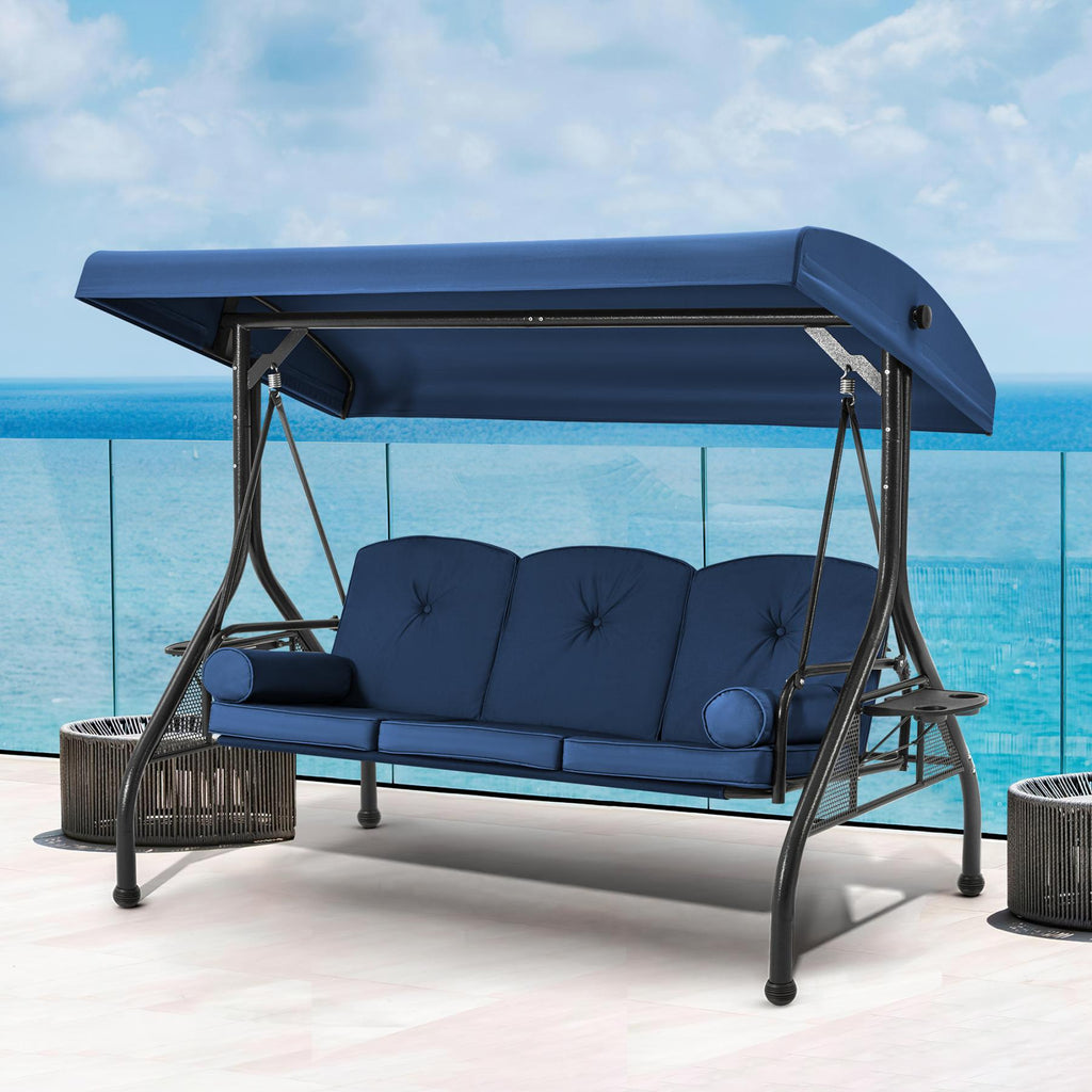 3-Seat Outdoor Porch Swing with Adjustable Canopy and Backrest for Porch, Balcony and Poolside, Blue | Homrest Furniture