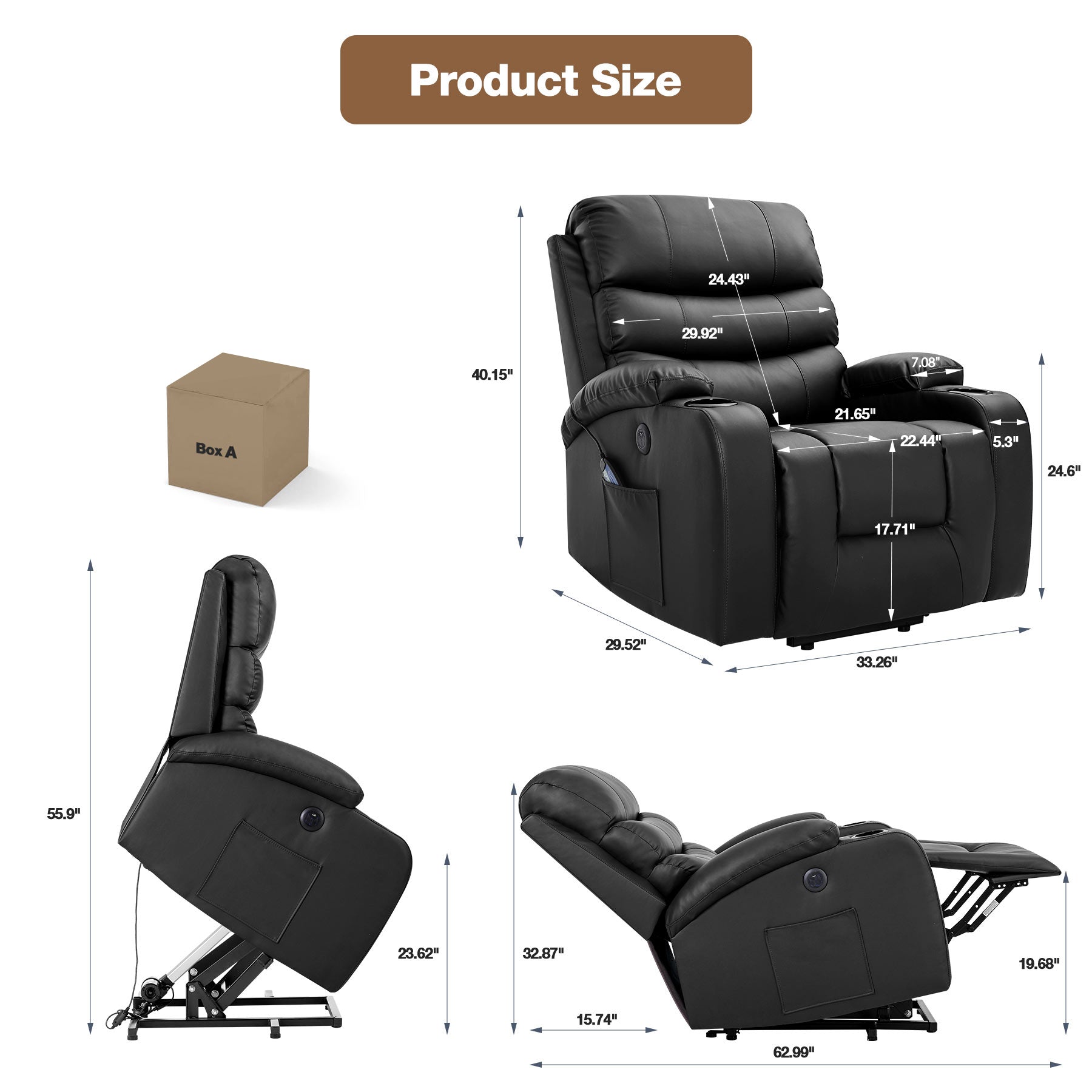 Homrest Power Lift Chair Recliners for Elderly with Heat and Massage - Black PU Leather