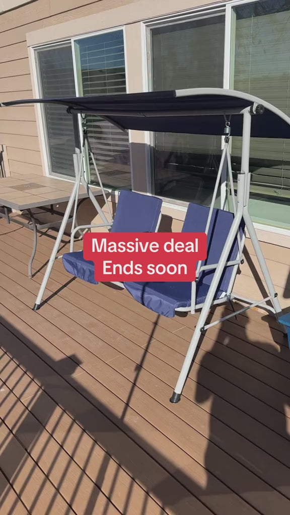 Load video: Homrest 2 Seat Outdoor Porch Swing with Adjustable Canopy, Navy Blue
