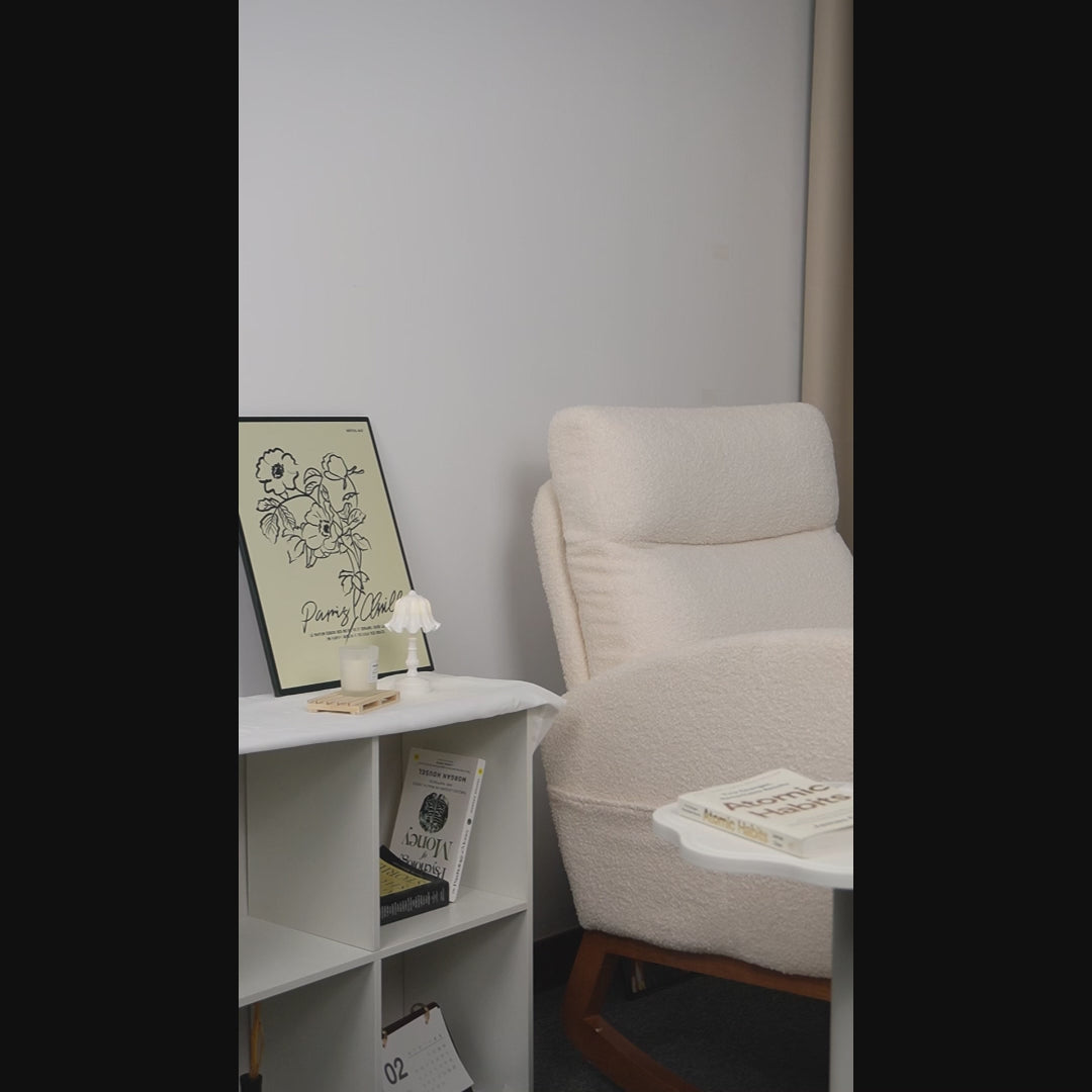 Load video: Homrest Modern Rocking Accent Chair with Blanket &amp; Lumber Pillow, High Back Glider Chair Nursery Chair with Dual Side Pockets