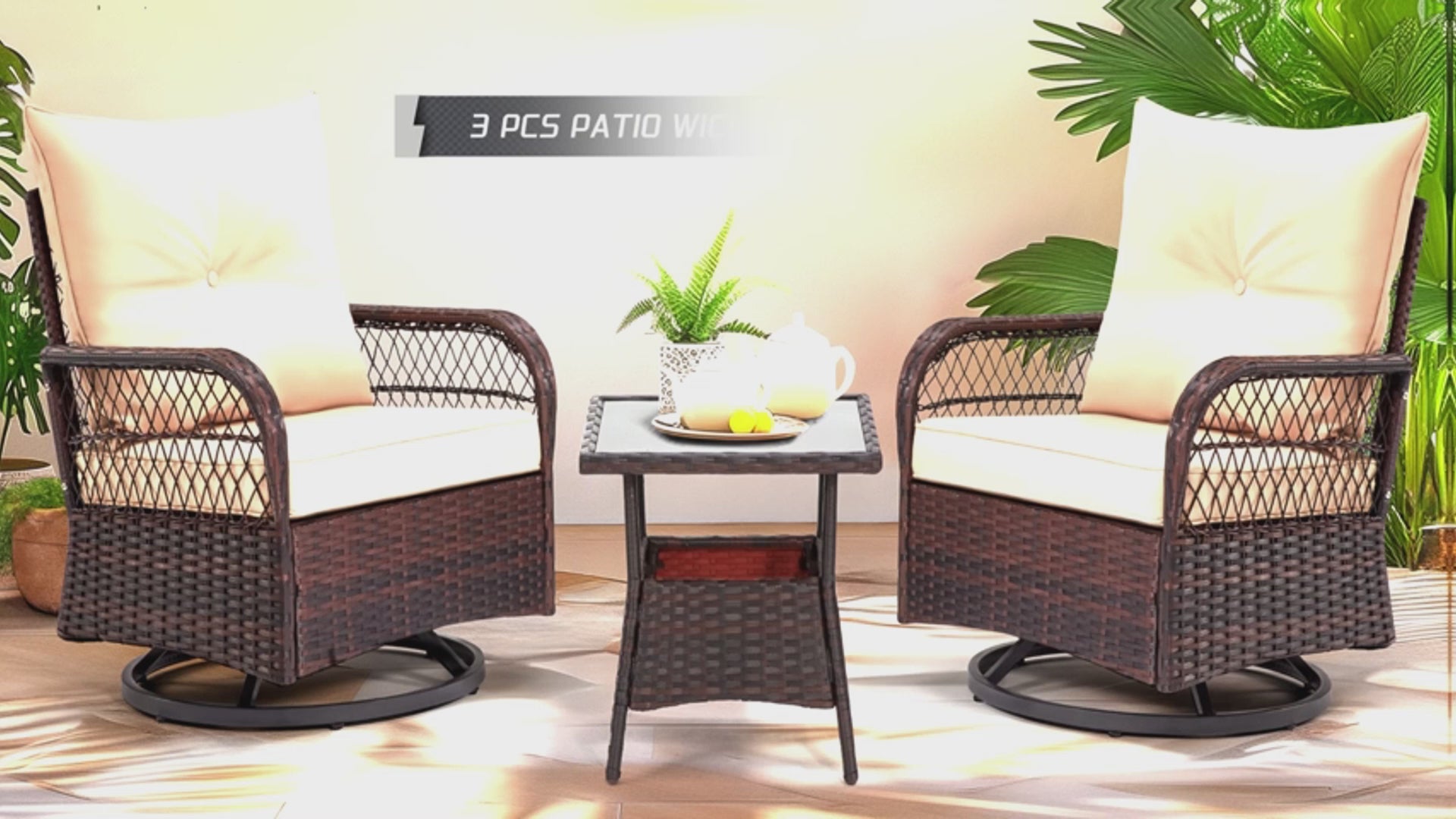 Load video: HOMREST 3-Piece Patio Swivel Rocker Set with Rattan Coffee Table, Blue
