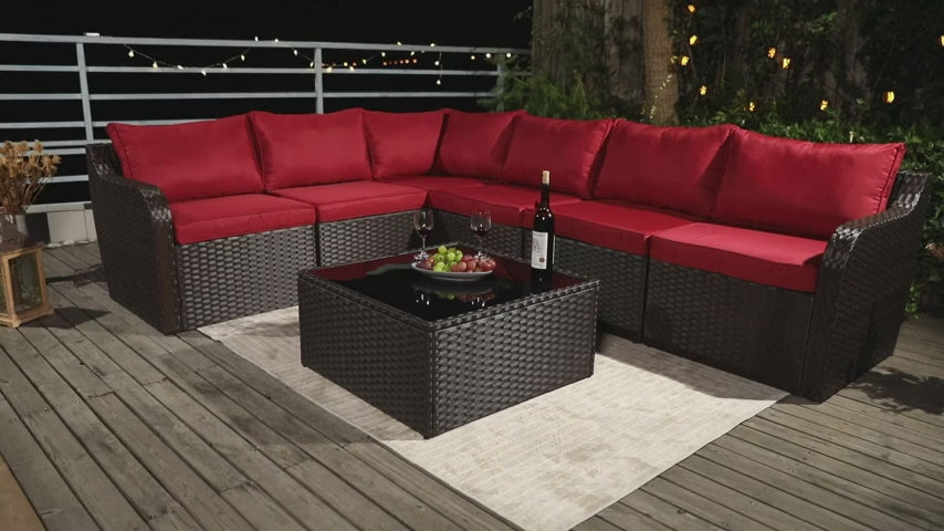 Load video: Homrest 7 Piece Outdoor Patio Furniture with Storage Table, Cushions and Pillows, Blue