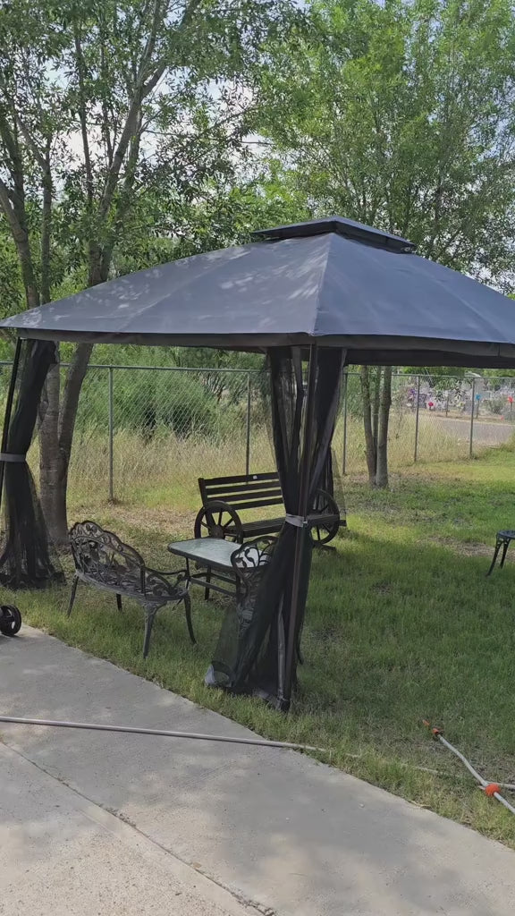 Load video: Outdoor Patio Gazebo 10'x13' with Double Curved Roofs, Heavy Duty Party Tent &amp; Shelter, Mosquito Nettings and Privacy Screens patio canopy outdoor waterproof for Backyard, Garden, Lawn, Grey