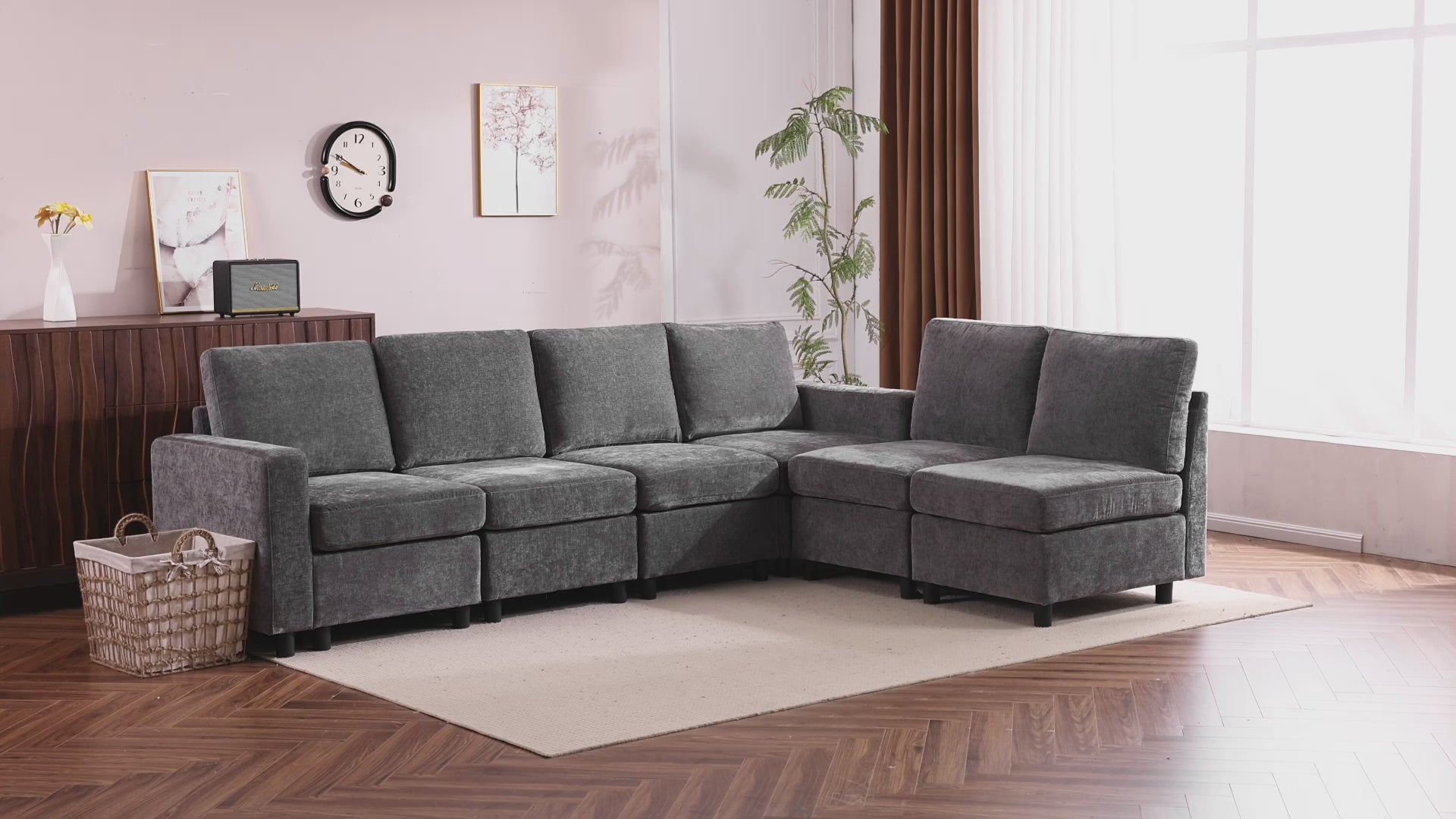 Load video: Homrest 6 Piece Modular Sectional Couch with Storage for Living Room, Dark Gray