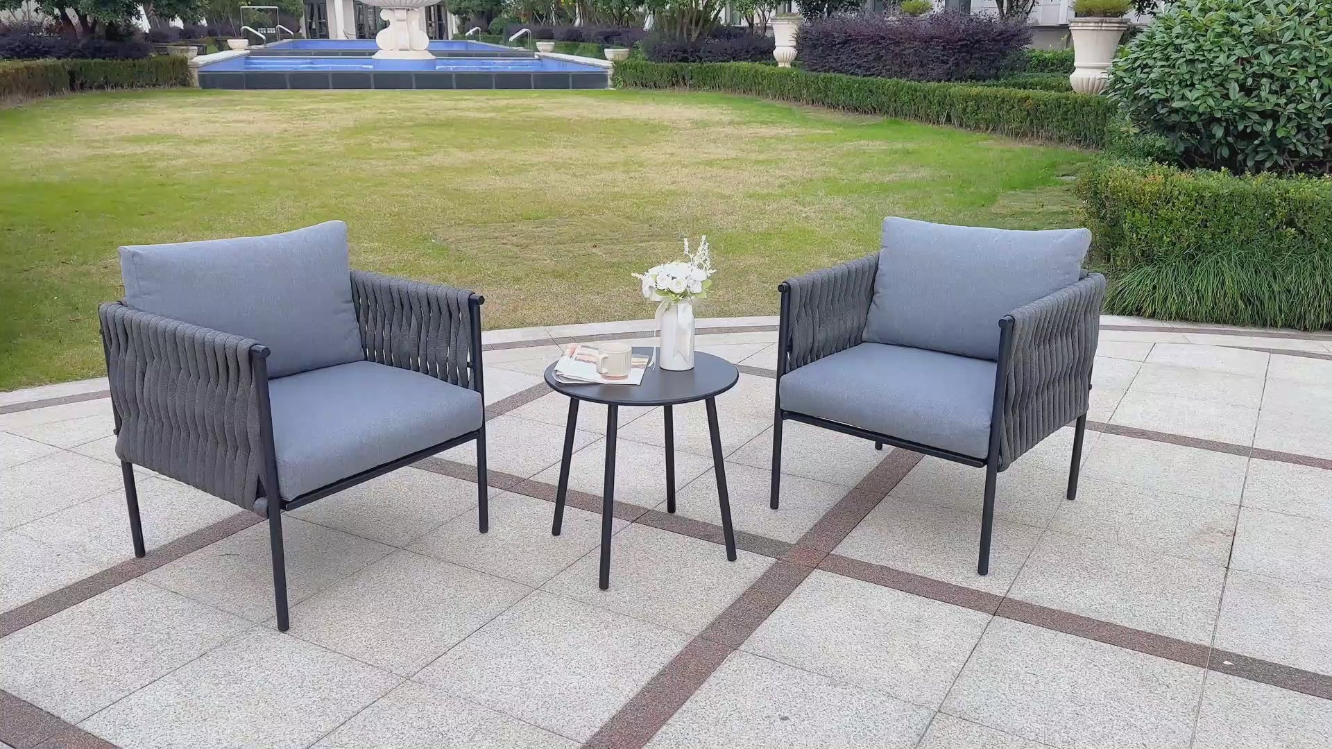 Load video: HOMREST 3-Piece Patio Bistro Set, Modern Outdoor Furniture, Earth Black &amp; Starry Sky Gray