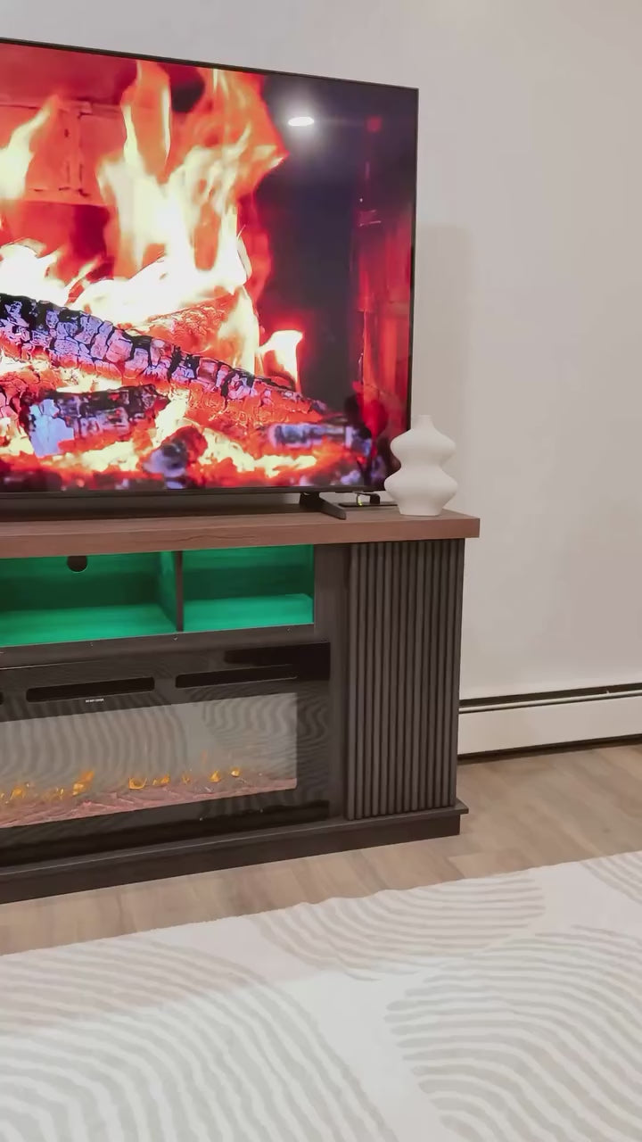 Load video: HOMREST 70 Inch TV Cabinet with Electric Fireplace, fire place tv stands for living room, LED Light Bar, Dark Walnut Color