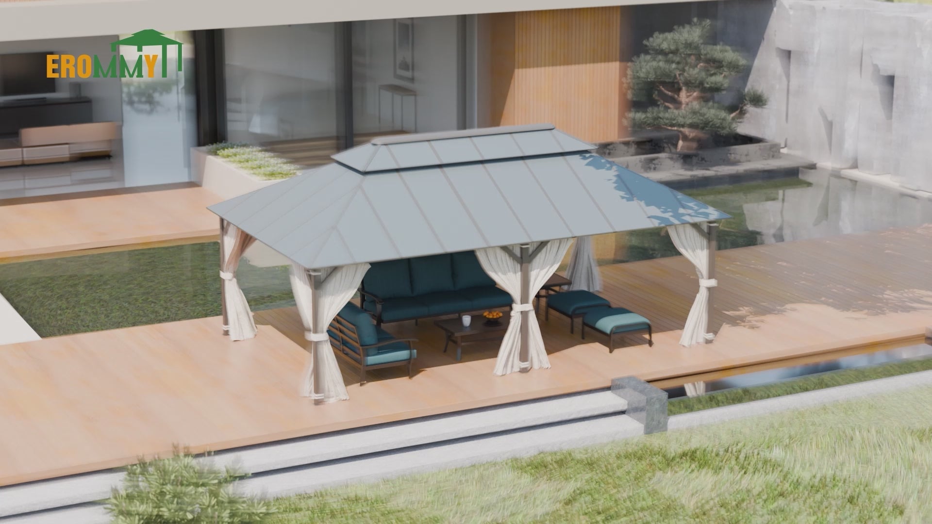 Load video: Homrest 10X12 Gazebo Outdoor Double Roof Aluminum Composite Canopy Aluminum Frame Pavilion with Curtains and Netting