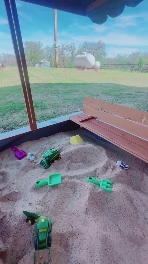 Load video: Homrest Kids Sandbox with Cover, Wooden with Height Adjustable Roof,for Aged 3-8, for Backyard, Beach, Lawn, Pink