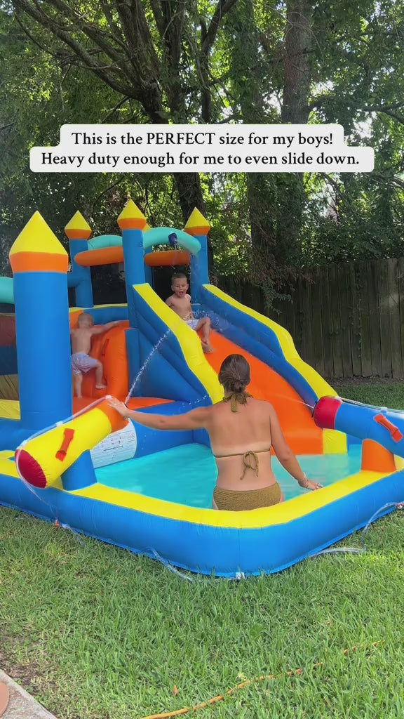 Load video: Homrest Bouncy Castle, Inflatable Bounce House with Blower, Jumping Castle with Water Slides for Kids Backyard, High Quality Oxford Cloth Heavy Duty, Idea for Kids 3-6