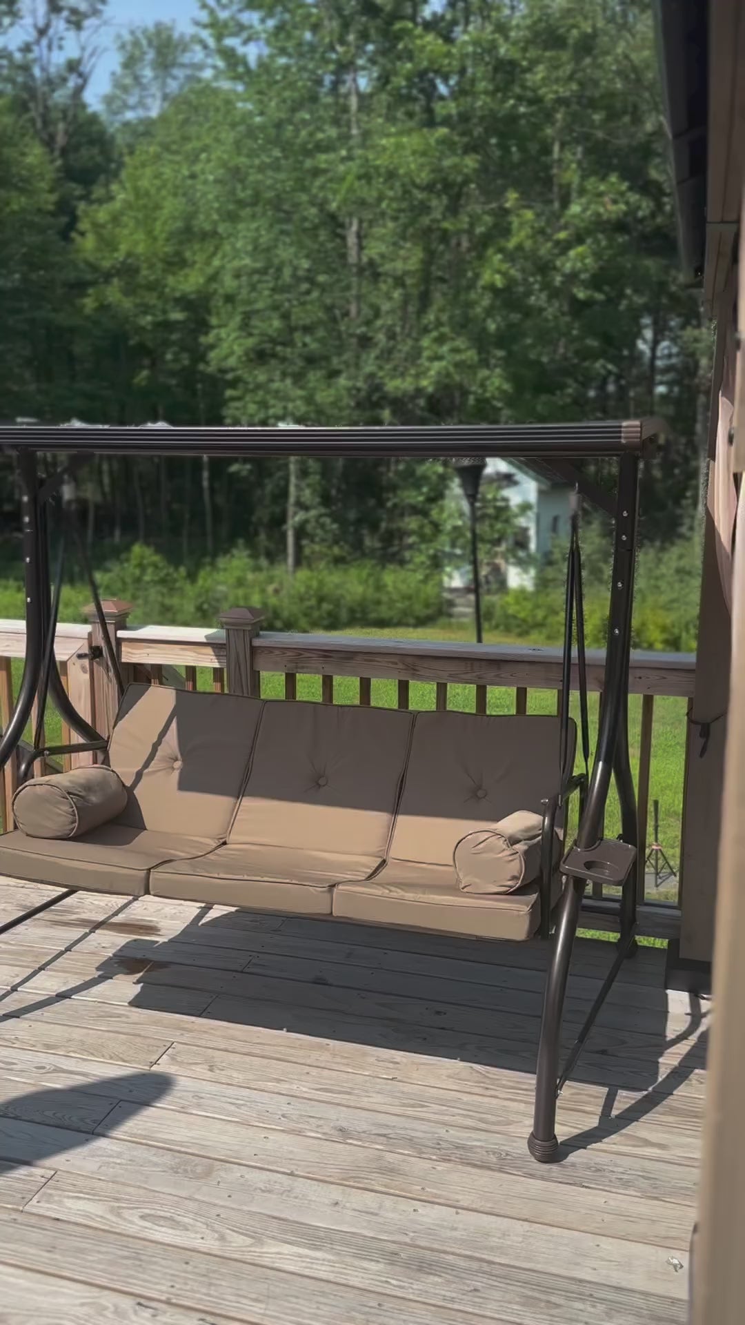 Load video: HOMREST 57in Outdoor Patio Swing with Hardtop,  Convertible Backrest Swing Bed with Cushion, 2 Pillows