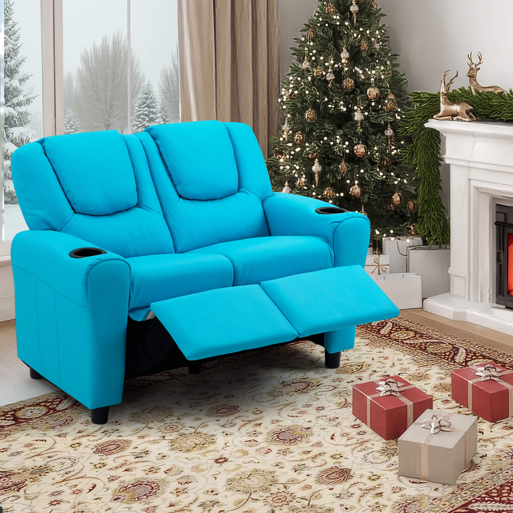 HOMREST Kids Recliner Chair, Double Kids Sofa Chair w/Cup Holder PU Leather, Toddler Loveseat Couch w/Adjustable Footrest & Headres for Boys Girls 3+ Age Group, Blue