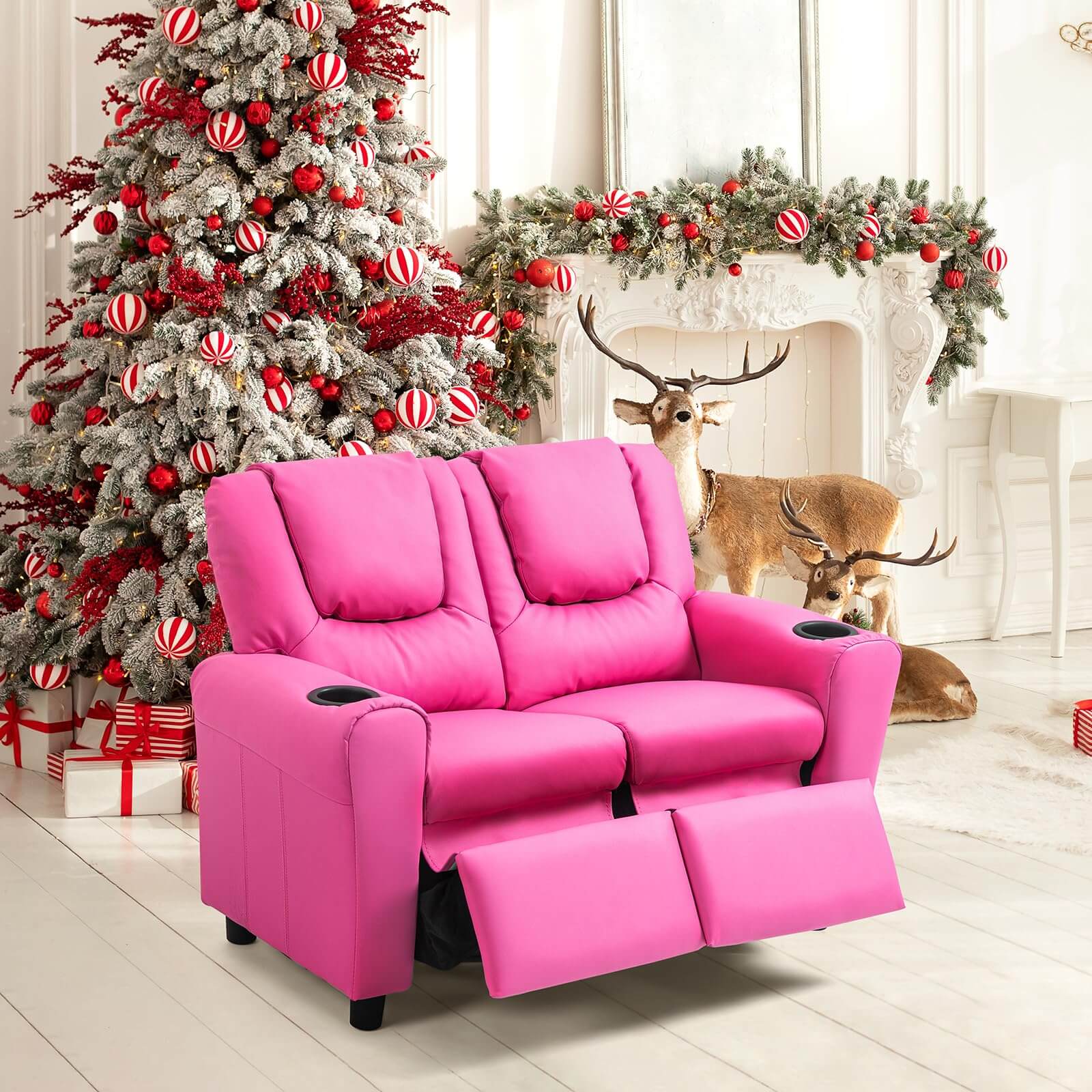 HOMREST Kids Recliner Chair, Double Kids Sofa Chair w/Cup Holder PU Leather, Toddler Loveseat Couch w/Adjustable Footrest & Headres for Boys Girls 3+ Age Group, Pink
