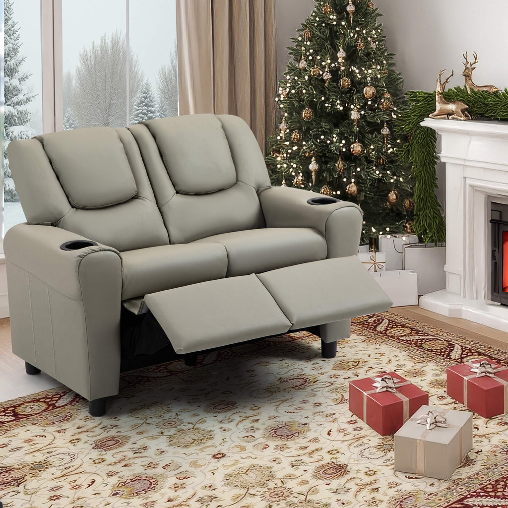 HOMREST Kids Recliner Chair, Double Kids Sofa Chair w/Cup Holder PU Leather, Toddler Loveseat Couch w/Adjustable Footrest & Headres for Boys Girls 3+ Age Group, Grey