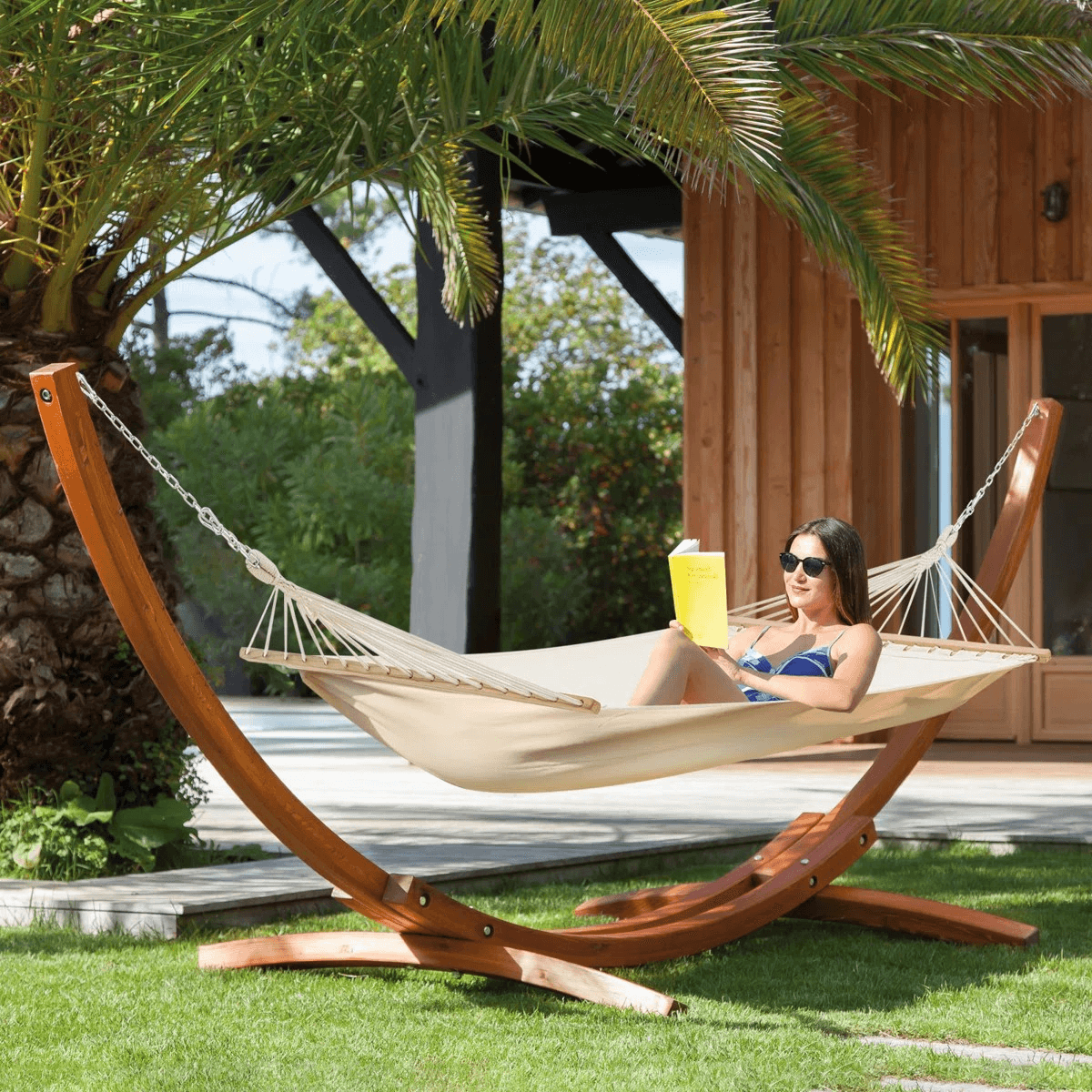 HOMREST 14 FT Hammock with Stand for Outside, 2 Person Heavy Duty Wooden Hammock Stand, White