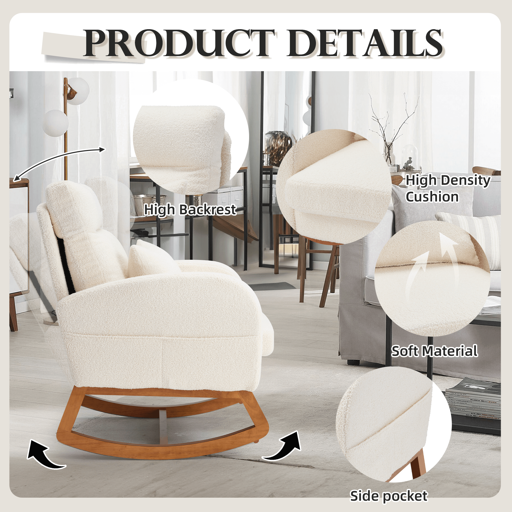 Homrest Modern Rocking Accent Chair with Blanket & Lumber Pillow, High Back Glider Chair Nursery Chair with Dual Side Pockets