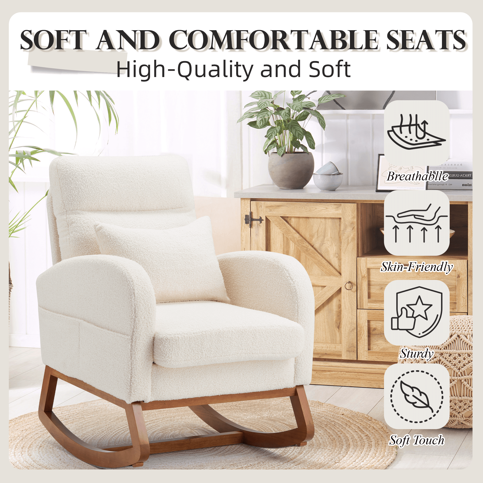 Homrest Modern Rocking Accent Chair with Blanket & Lumber Pillow, High Back Glider Chair Nursery Chair with Dual Side Pockets