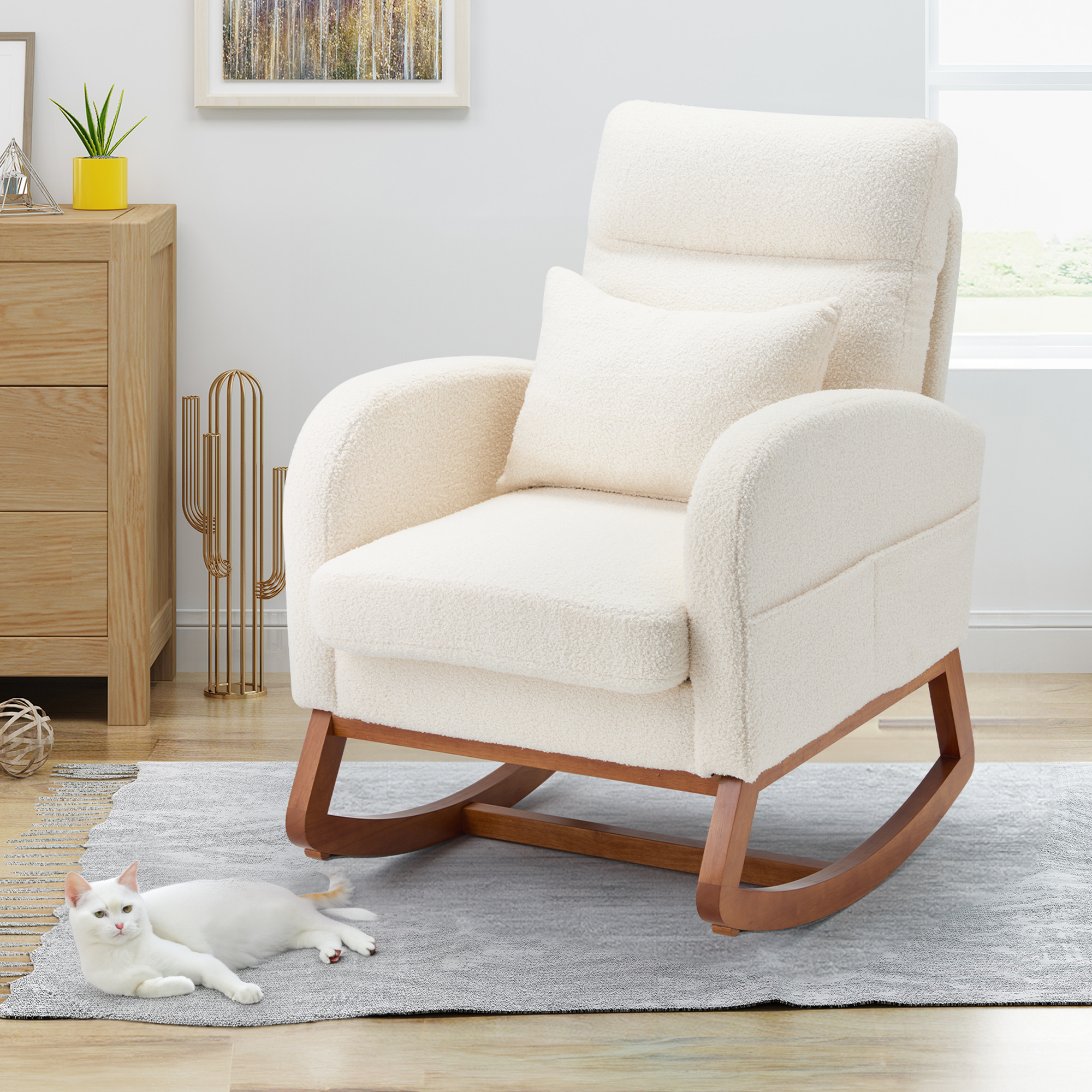 Homrest Modern Rocking Accent Chair with Blanket & Lumber Pillow, High Back Glider Chair Nursery Chair with Dual Side Pockets