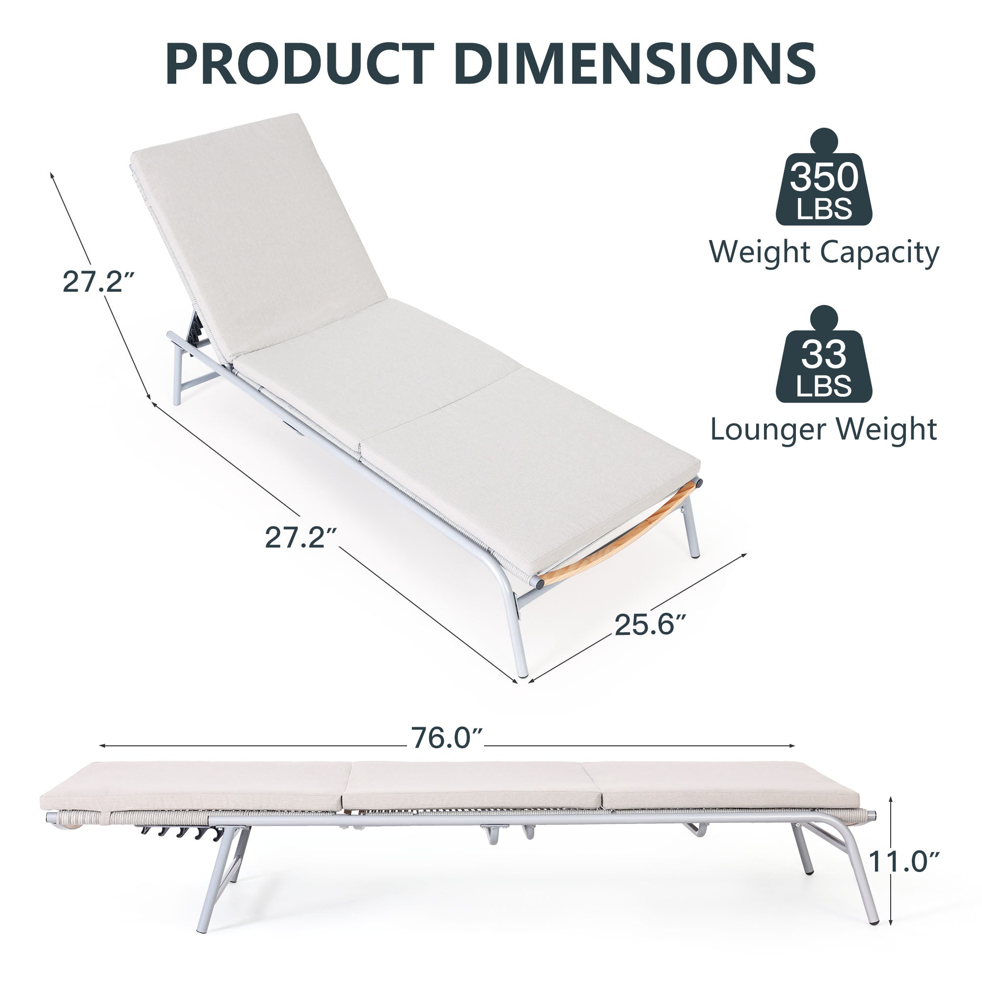 HOMREST Pool Lounge Chairs, Set of 2 Aluminum Patio Chaise Lounge with 5 Adjustable Backrest and Lay Flat Positions, Beige