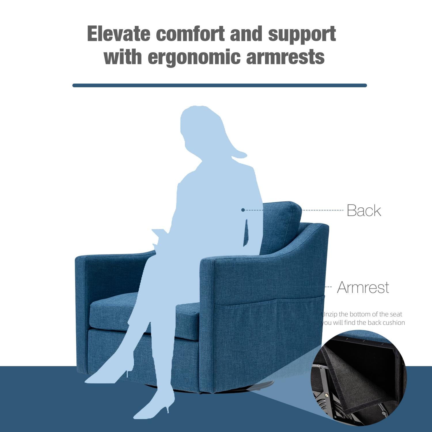 Swivel accent chair set of 2, linen fabric armchair with removable cover for living room, blue