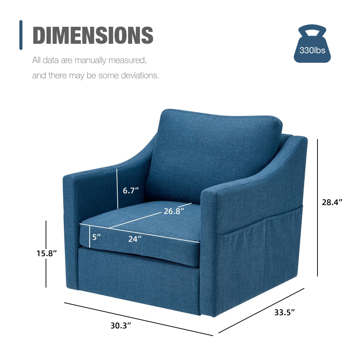 Product dimensions of Homrest swivel accent chair set of 2, linen fabric armchair with removable cover for living room, blue