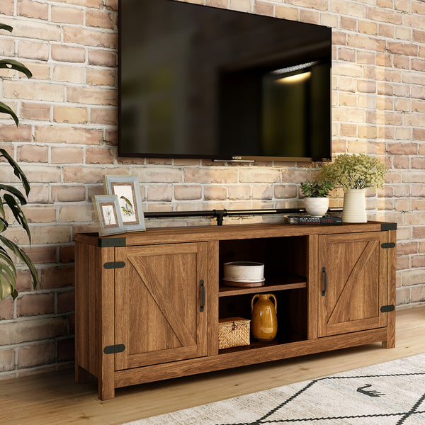 58 Inch Wood TV Stand Barn Door TV Cabinet with Adjustable Shelves Storage, Brown