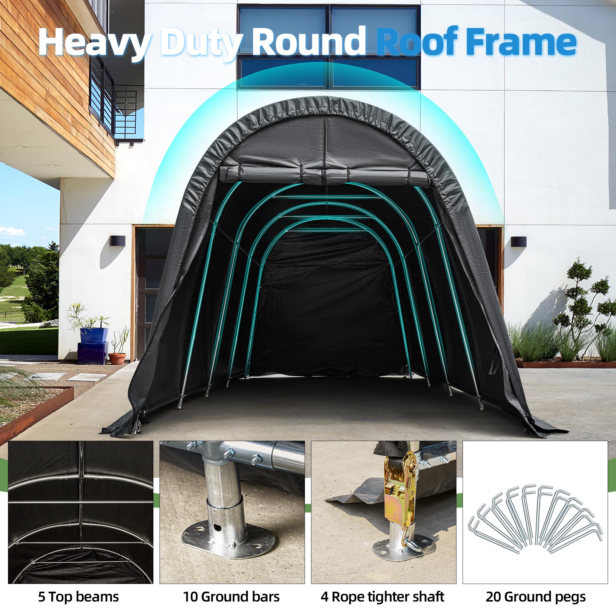HOMREST Carport 10 x 20 FT Heavy Duty, Portable Garage with All-Steel Metal Frame and Round Style Roof, Anti-Snow Car Canopy Outdoor Storage Shelter for Car, Truck, Boat