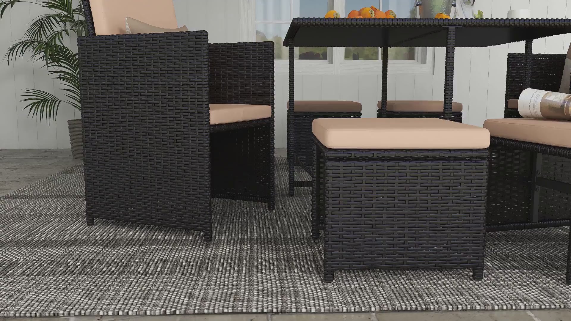 Load video: 9 Pcs Patio Dining Set Space Saving Rattan Outdoor Sectional Furniture w/ Ottoman, Cushion &amp; Dust Cover