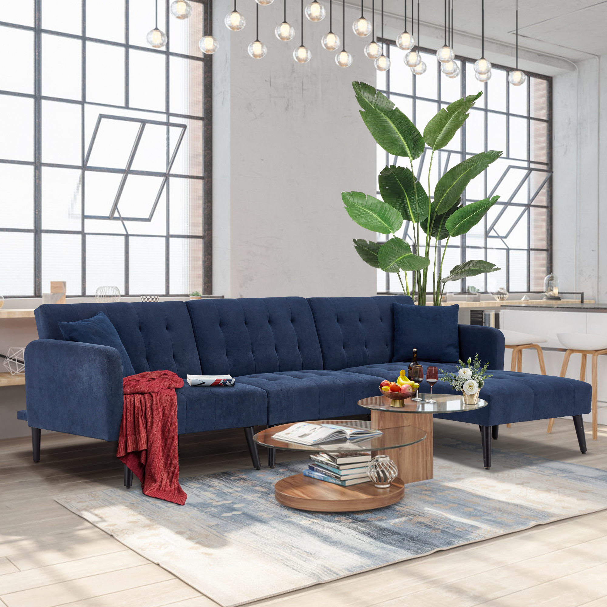 Homrest convertible sectional sofa bed with adjustble backrest and ottoman, bule 
