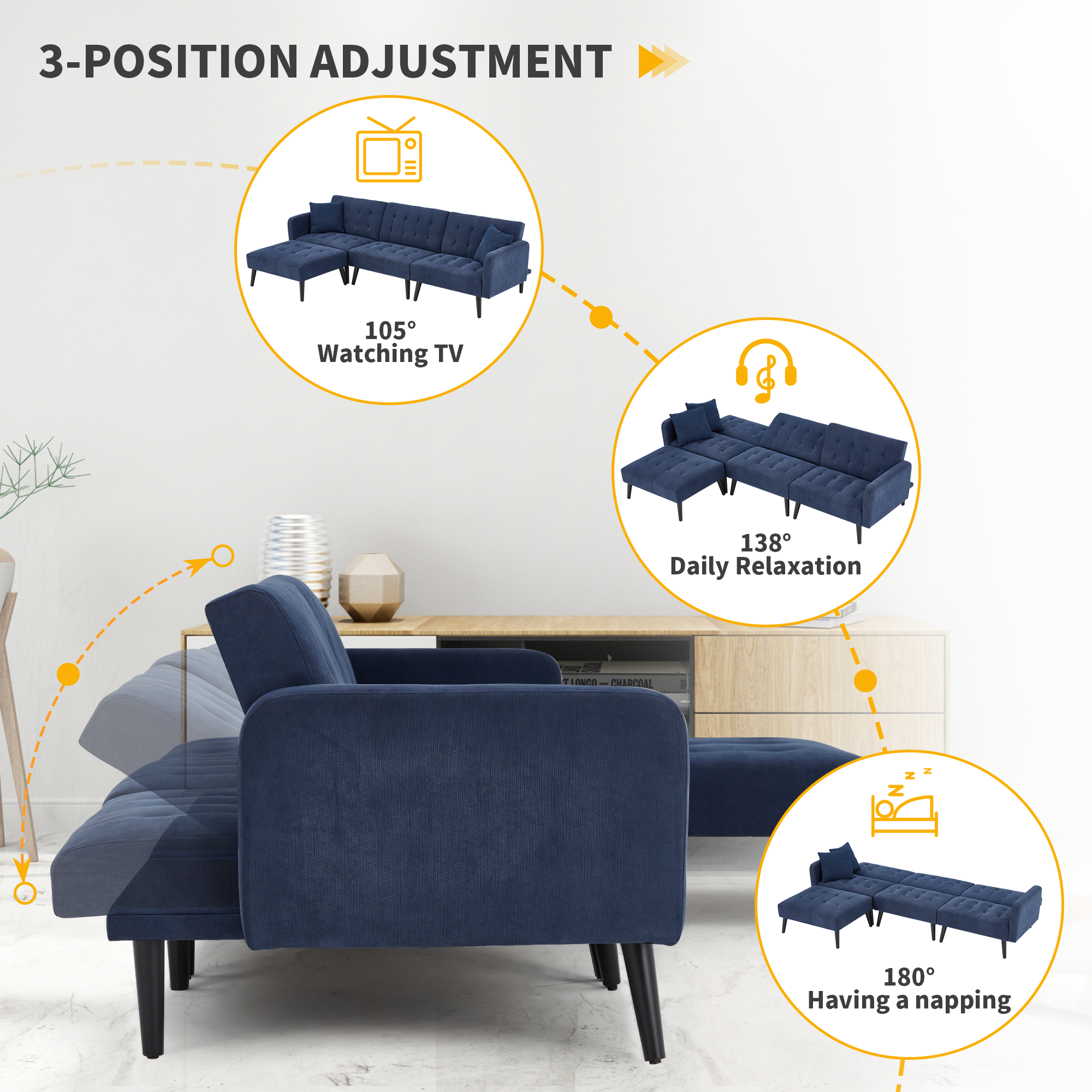 Homrest living room sofa with adjustable backrest, blue