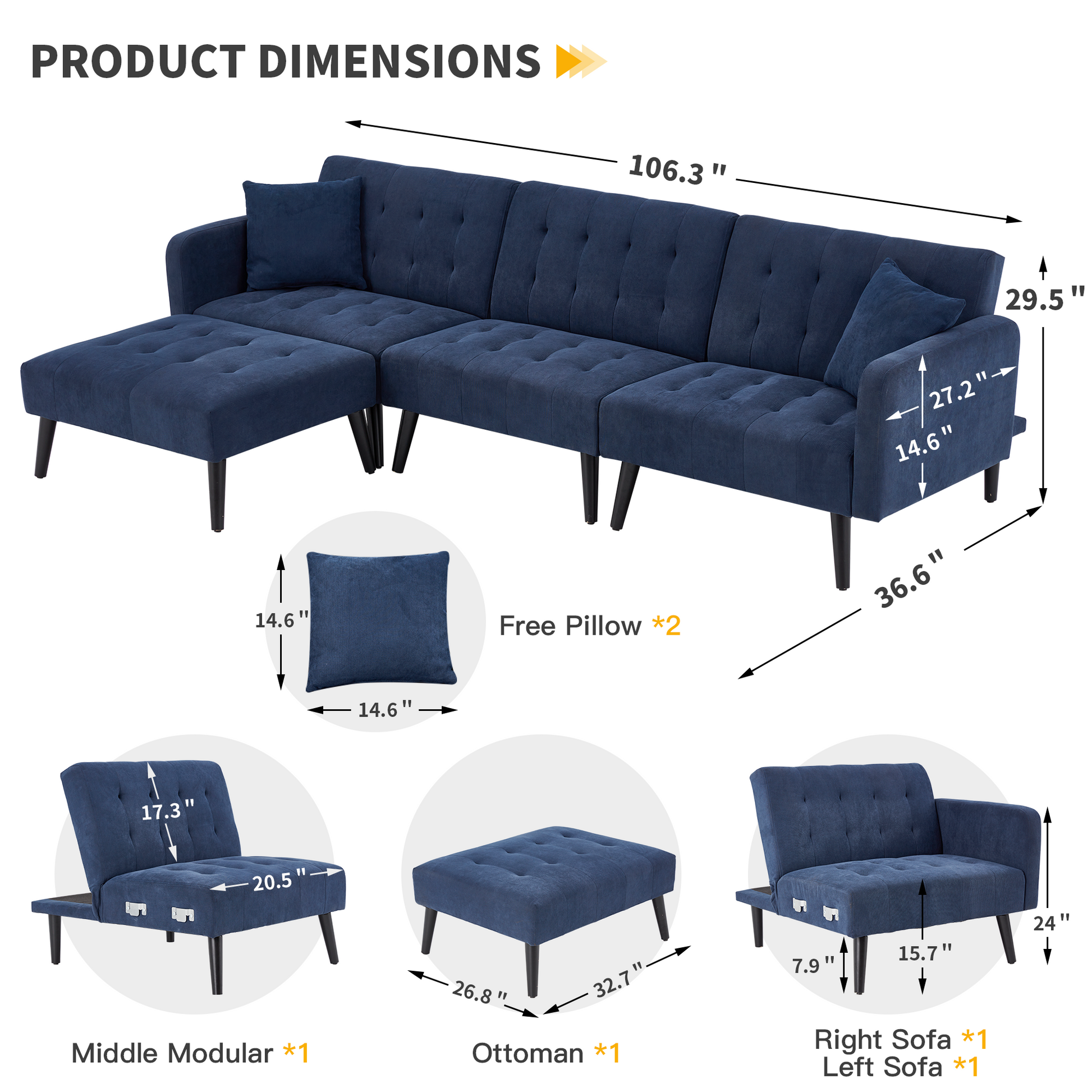 Product dimensions of Homrest convertible sofa set