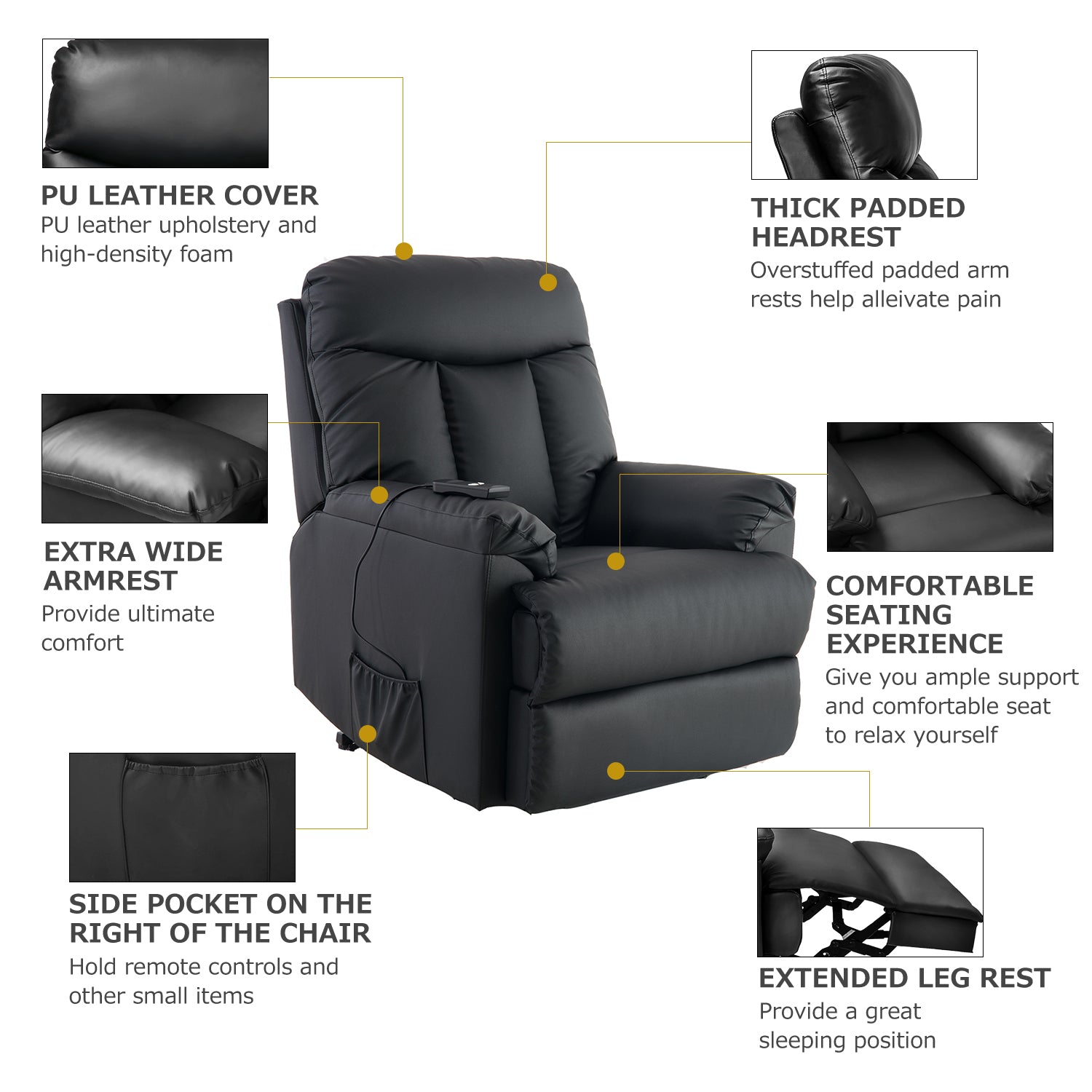  Homrest Electric Recliner Chair Lift Chair Power PU Leather Recliner Sofa with Heavy Duty Reclining Mechanism for Living Room, Black
